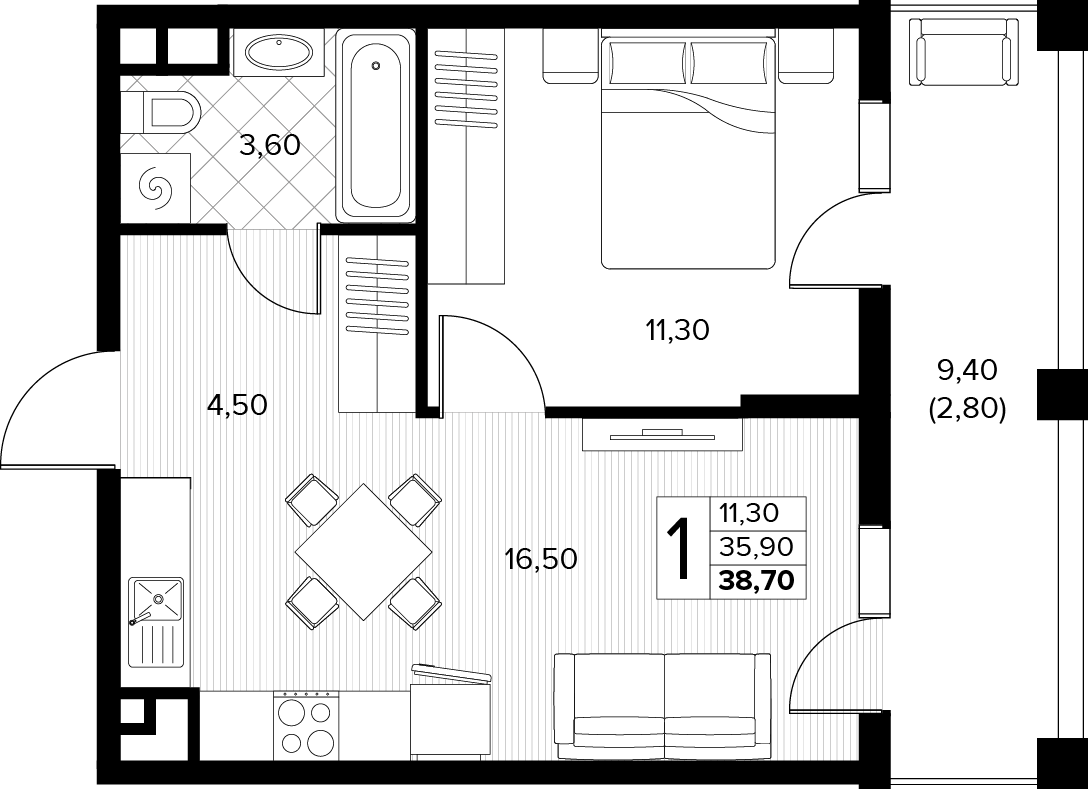 Планировка: 1-комн. квартира 38,7 м²