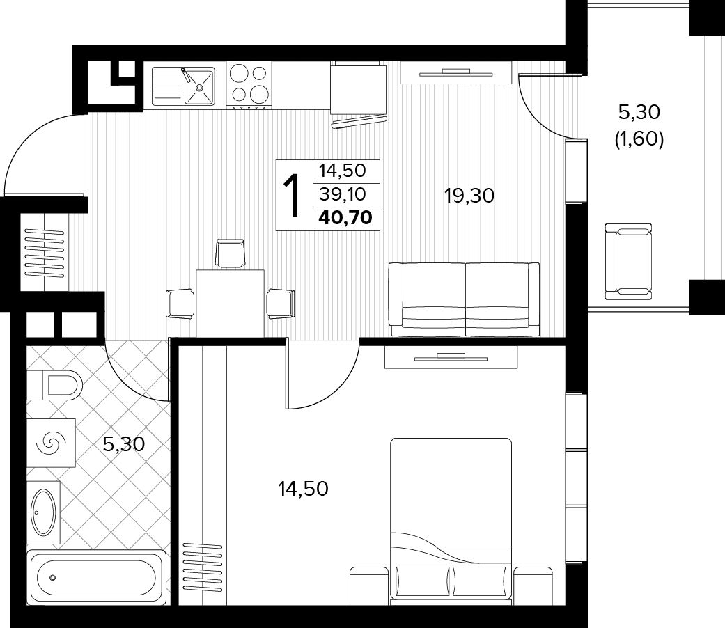 Планировка 1-комнатная 40,7 м²