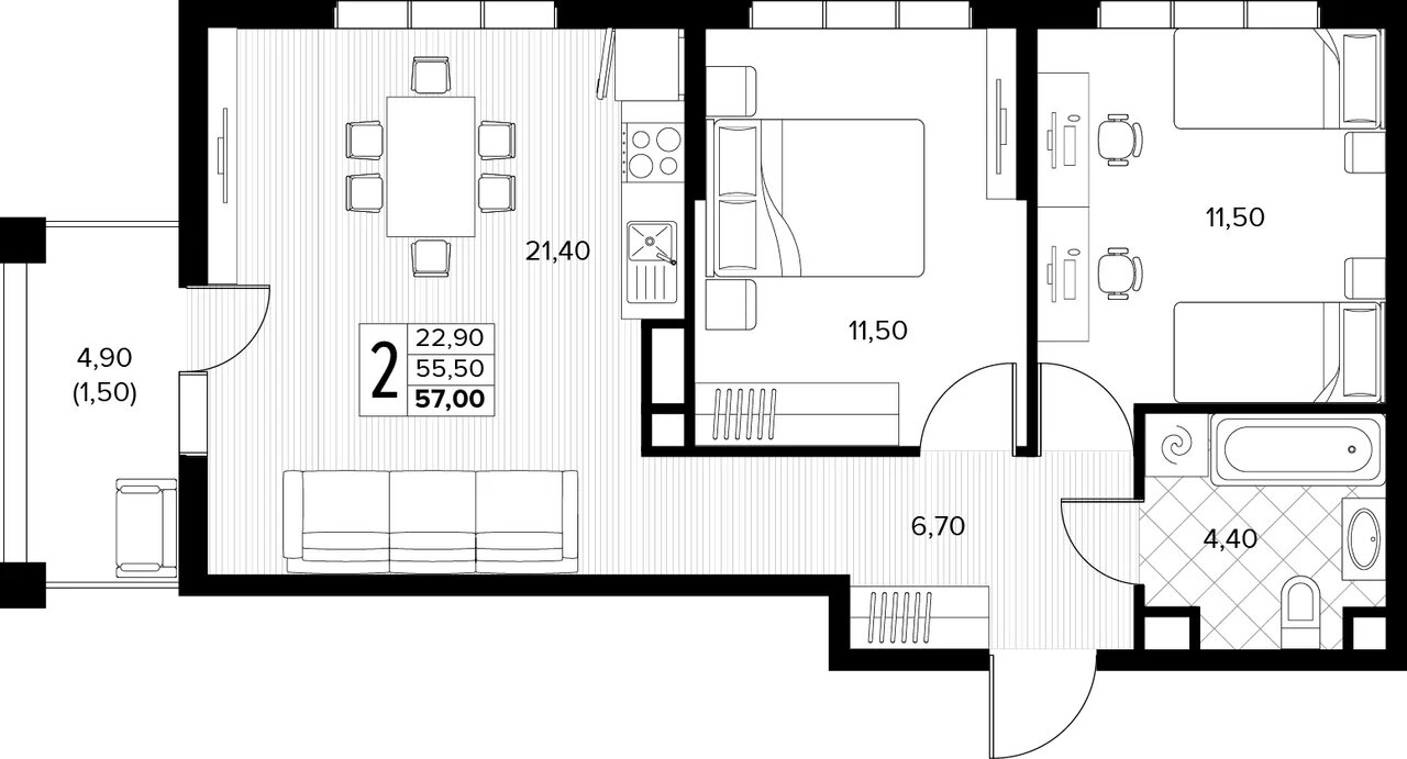 Планировка 2-комнатная 57 м²
