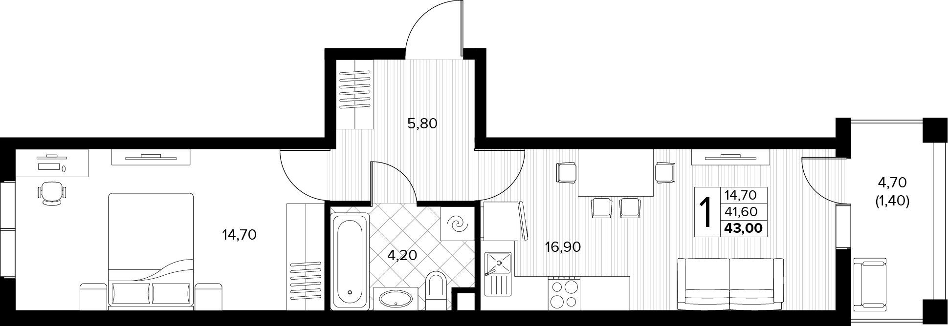 Планировка 1-комнатная 43 м²