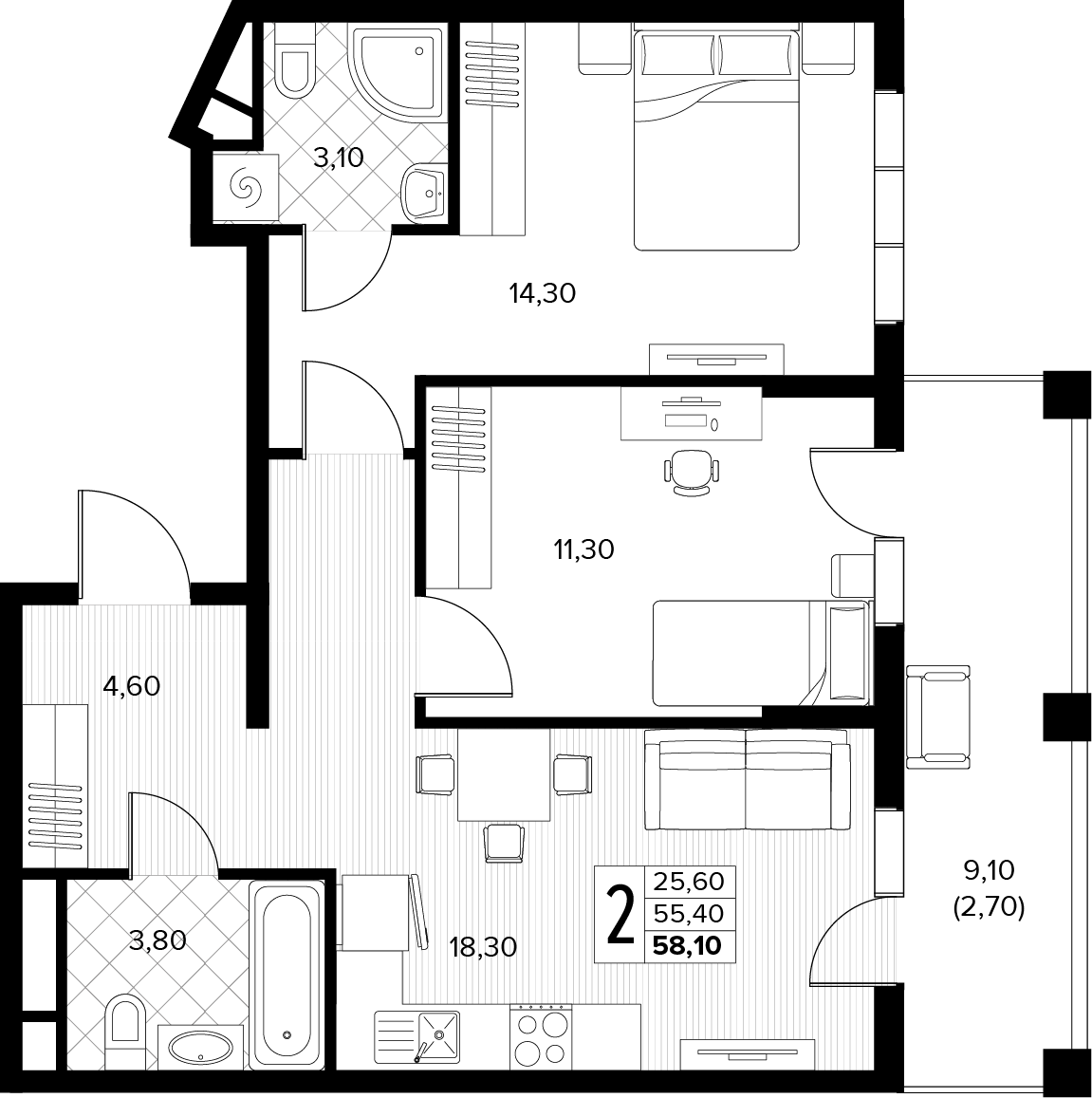 Планировка 2-комнатная 58,1 м²