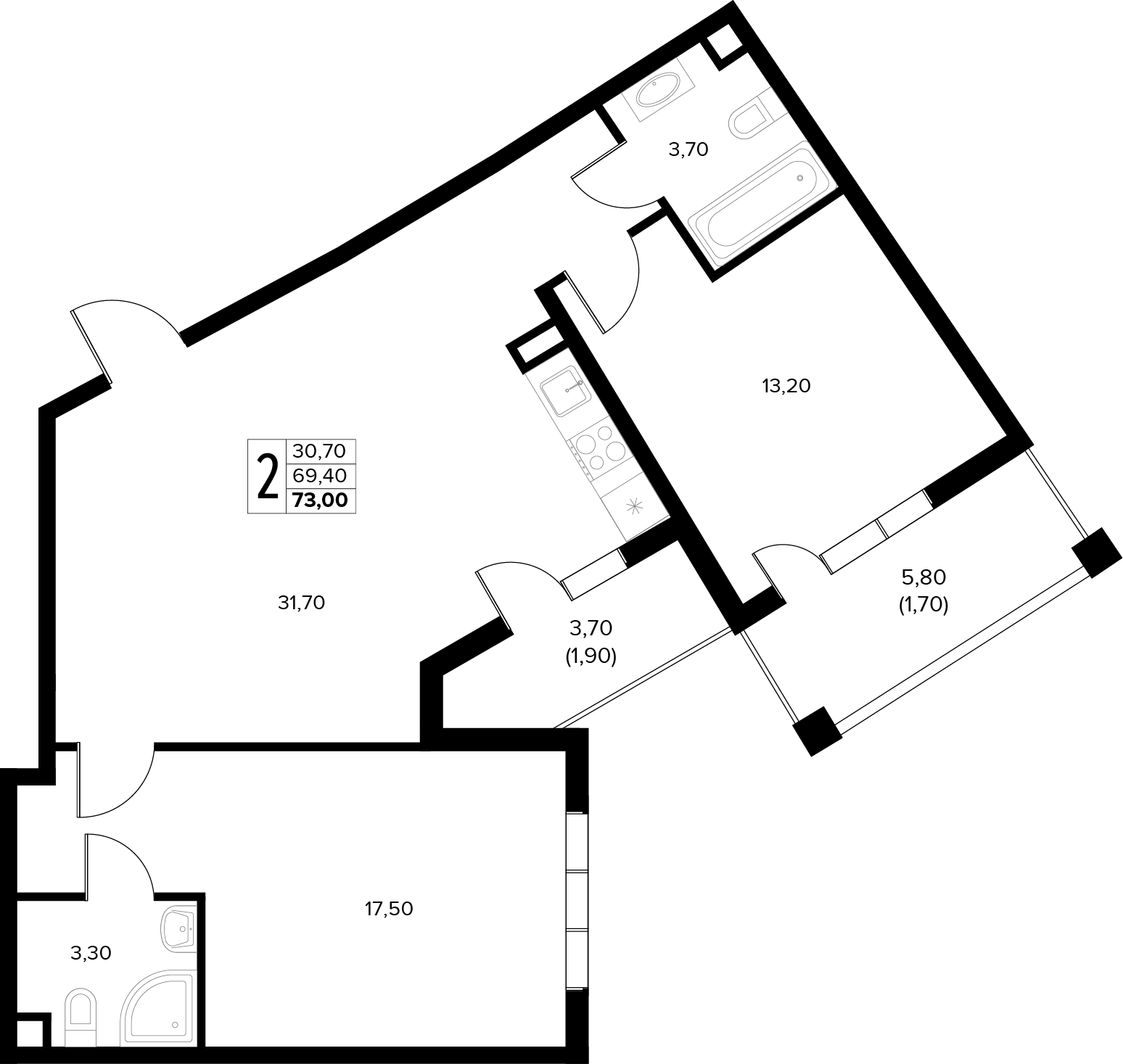 Планировка: 2-комн. квартира 73 м²