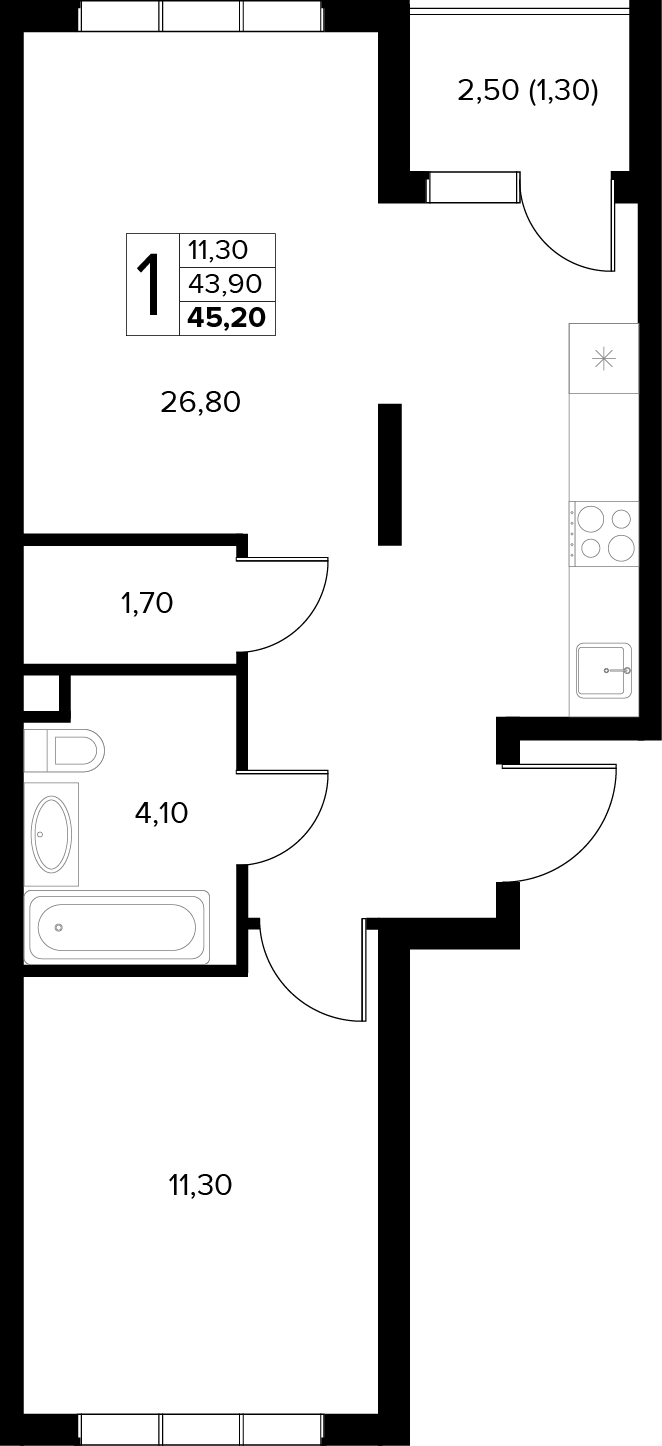 Планировка: 1-комн. квартира 45,2 м²
