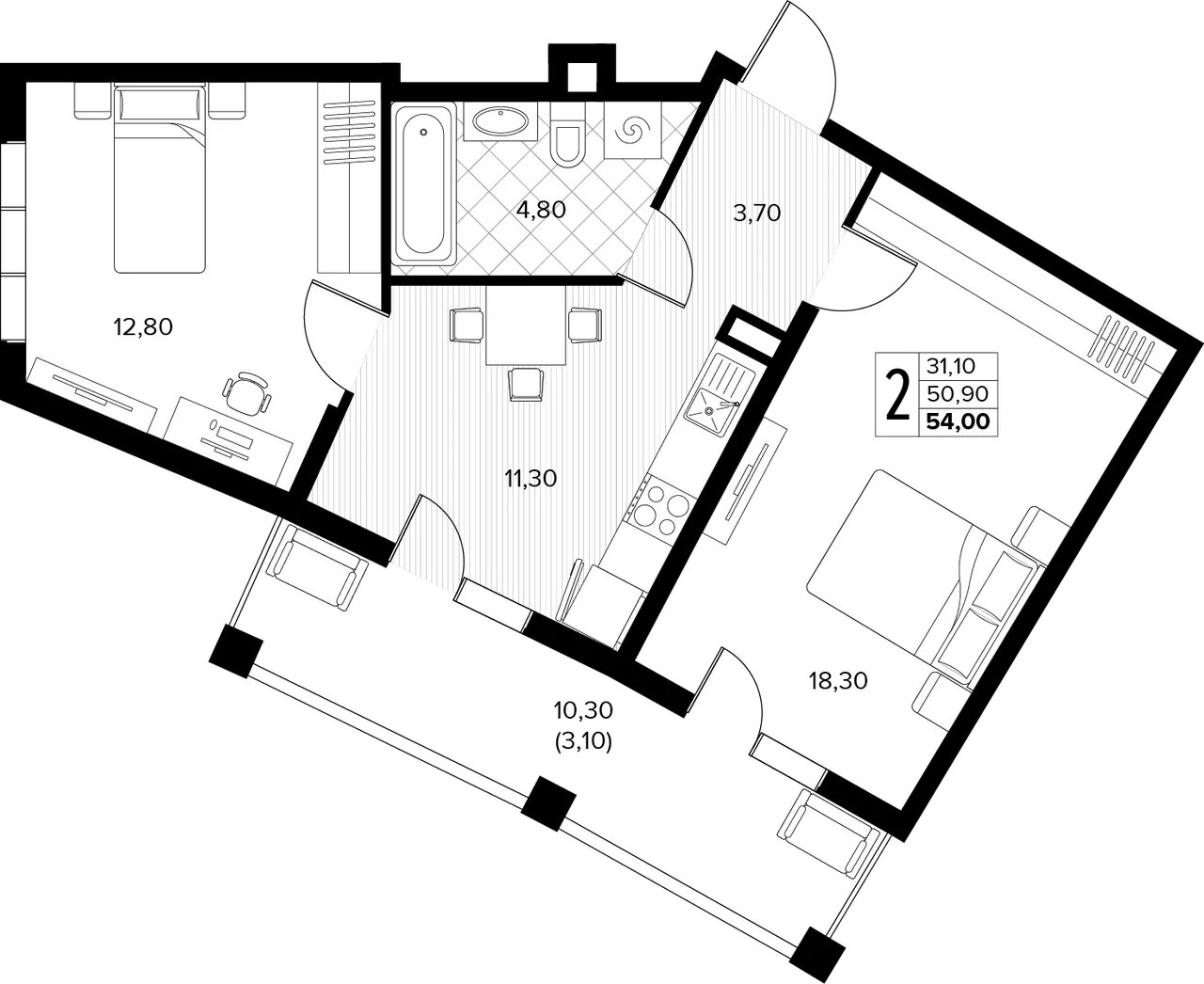 Планировка: 2-комн. квартира 54 м²