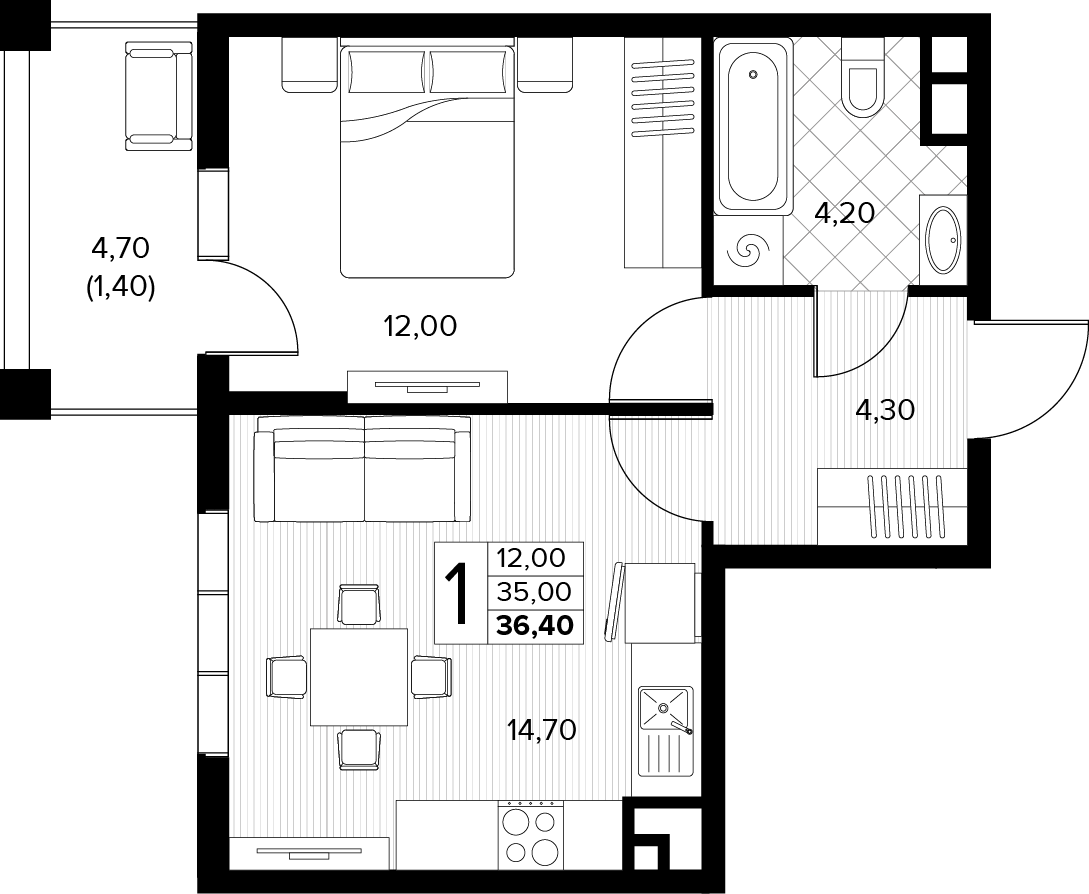 Планировка: 1-комн. квартира 36,4 м²