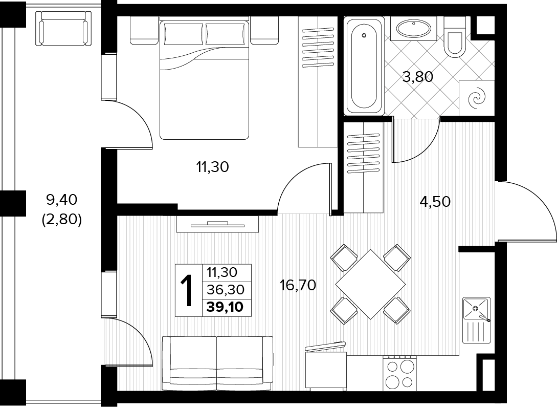 Планировка 1-комнатная 39,1 м²