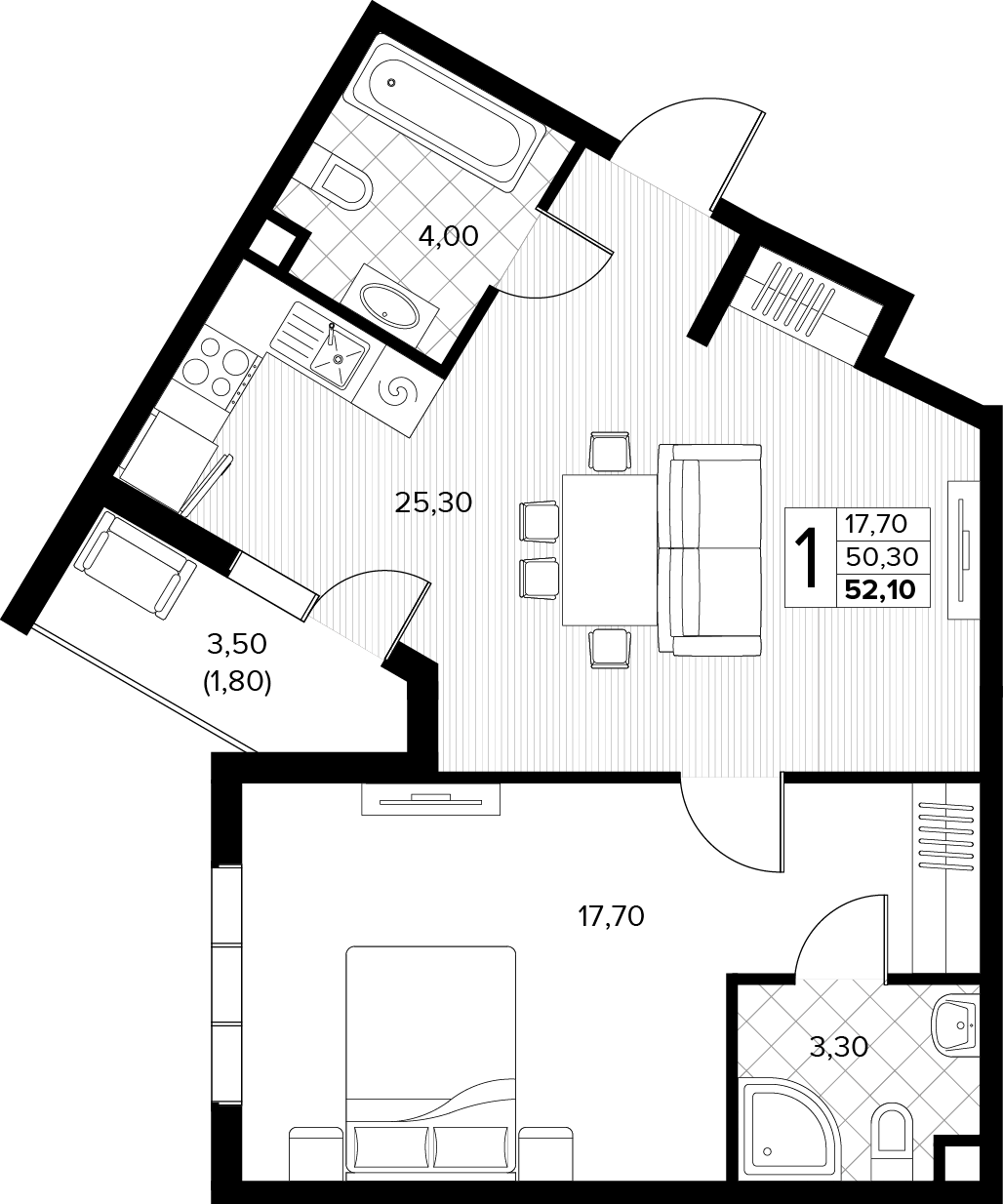 Планировка: 1-комн. квартира 52,1 м²