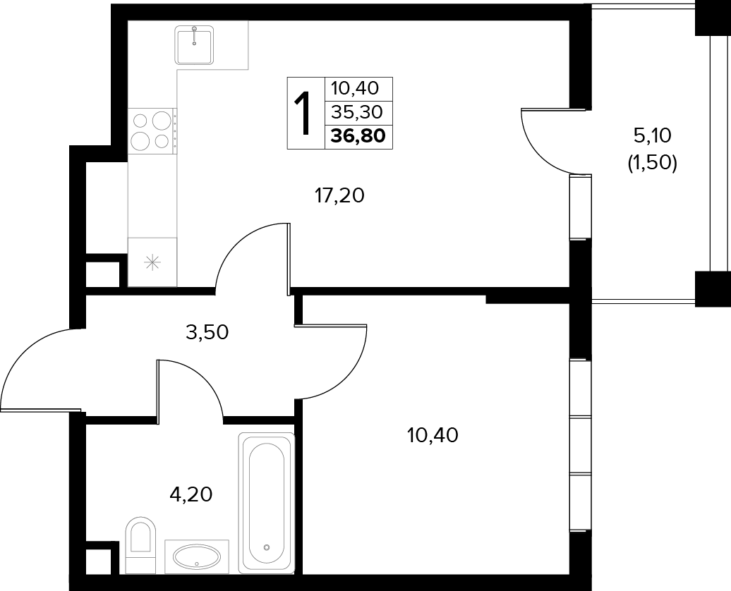 Планировка: 1-комн. квартира 36,8 м²