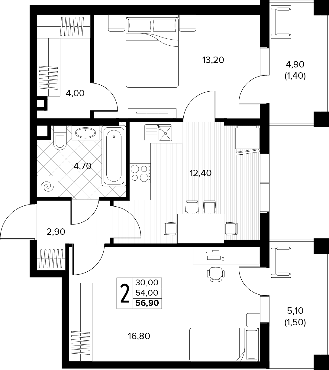 Планировка: 2-комн. квартира 56,9 м²