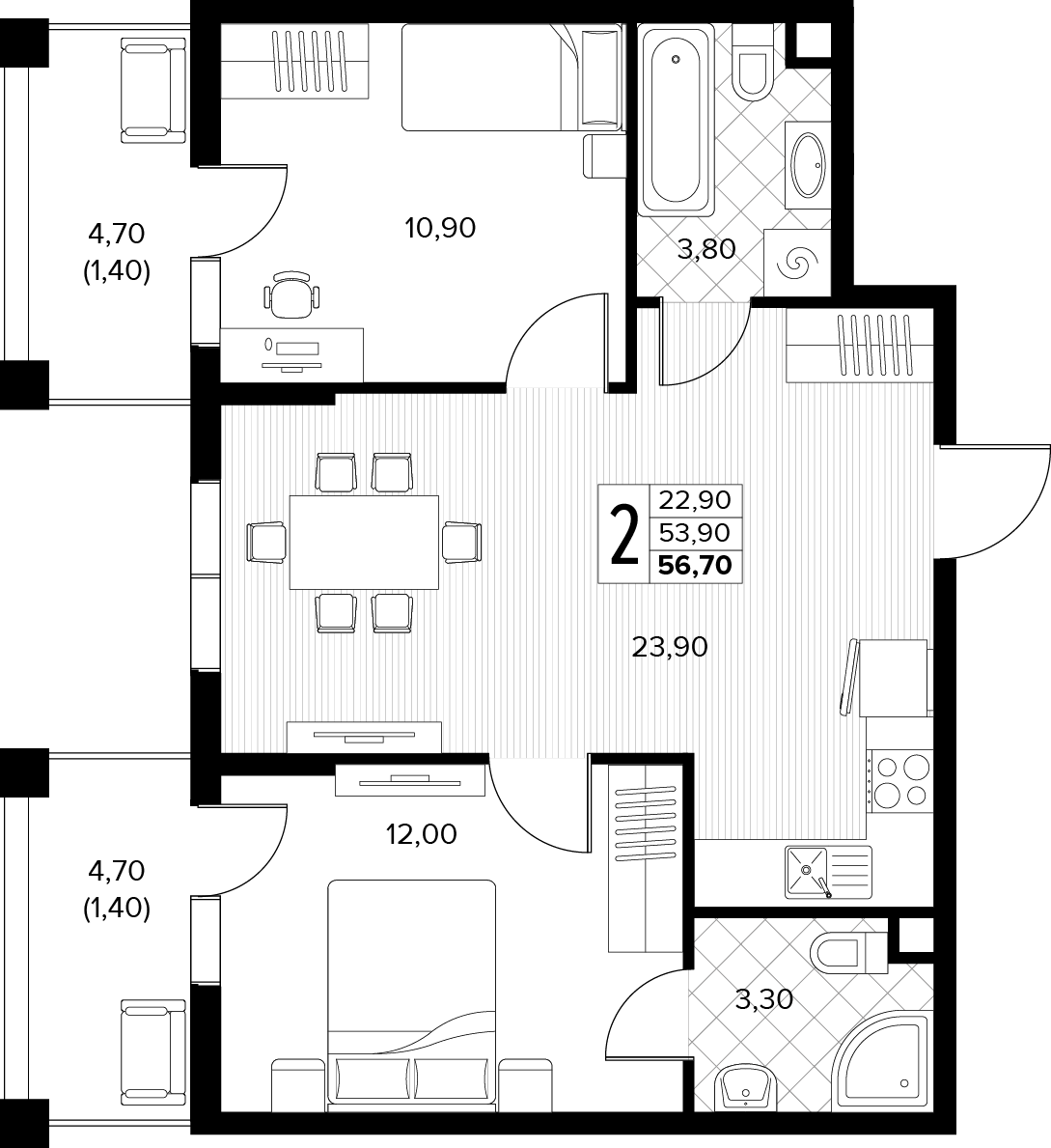 Планировка 2-комнатная 56,7 м²