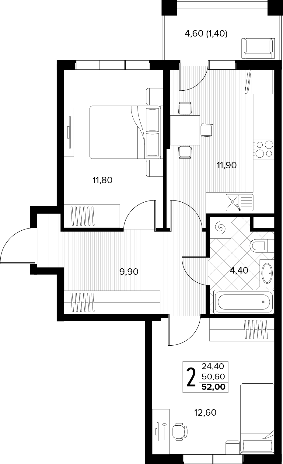 Планировка 2-комнатная 52 м²