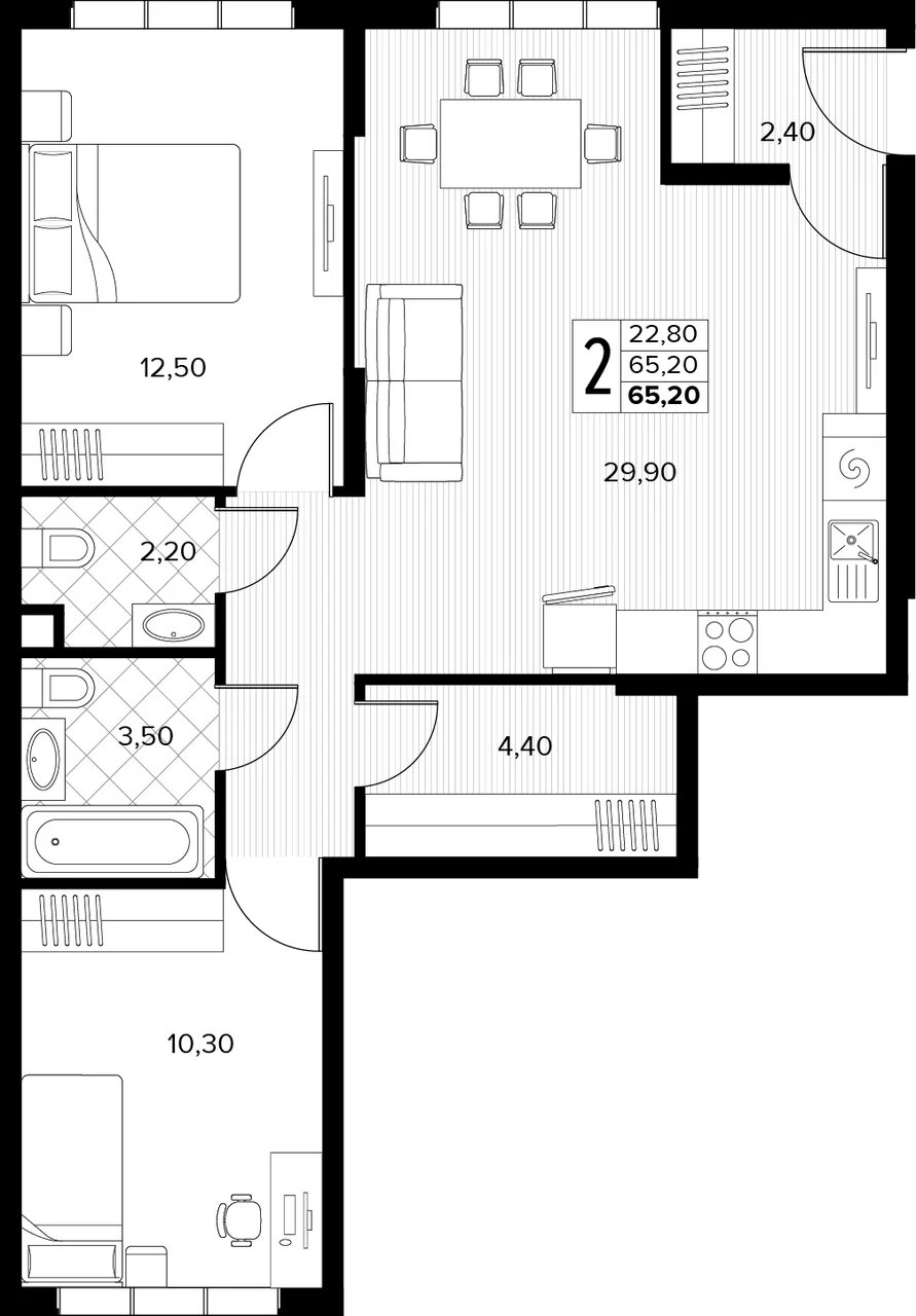 Планировка: 2-комн. квартира 65,2 м²