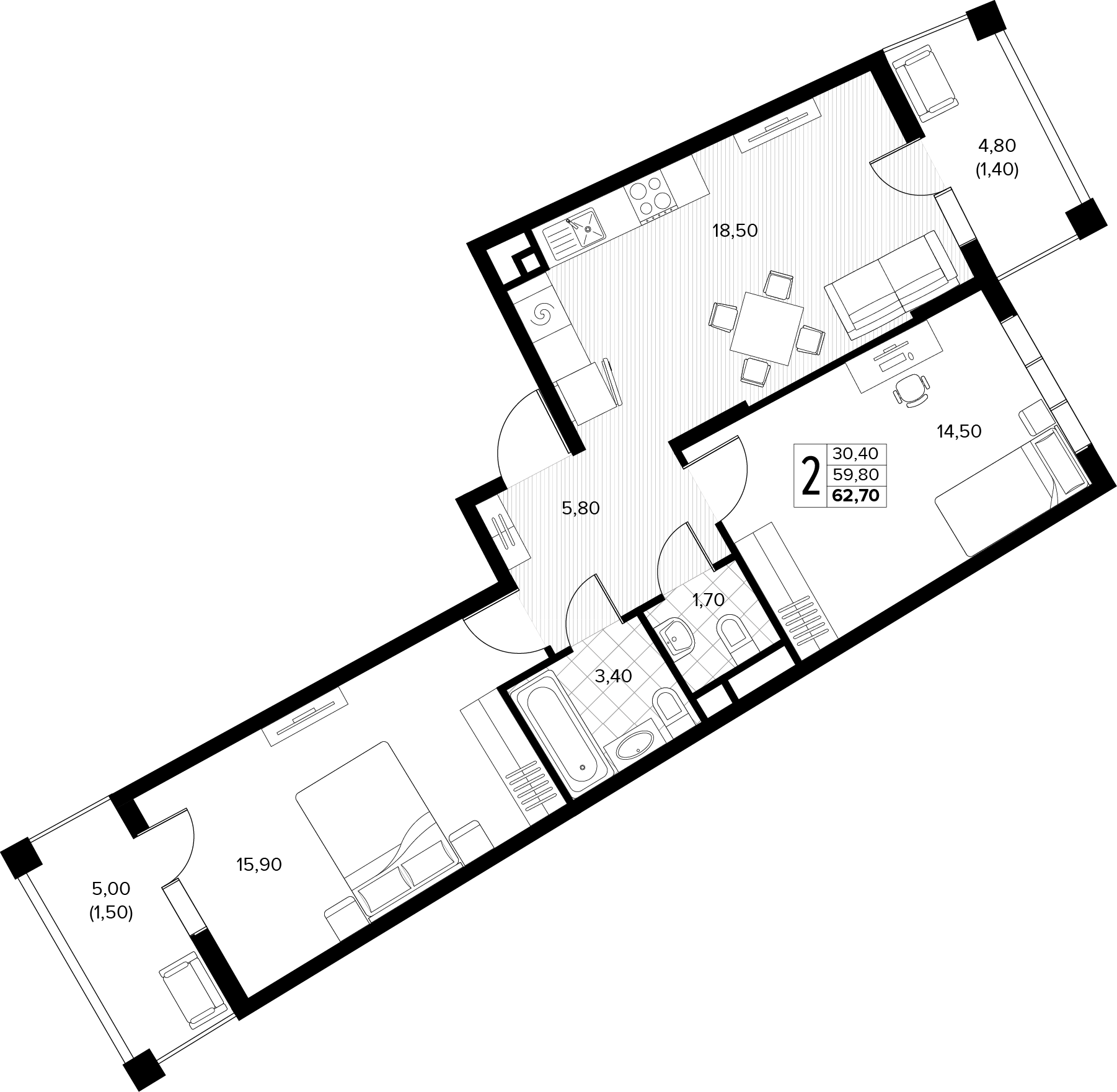 Планировка: 2-комн. квартира 62,7 м²