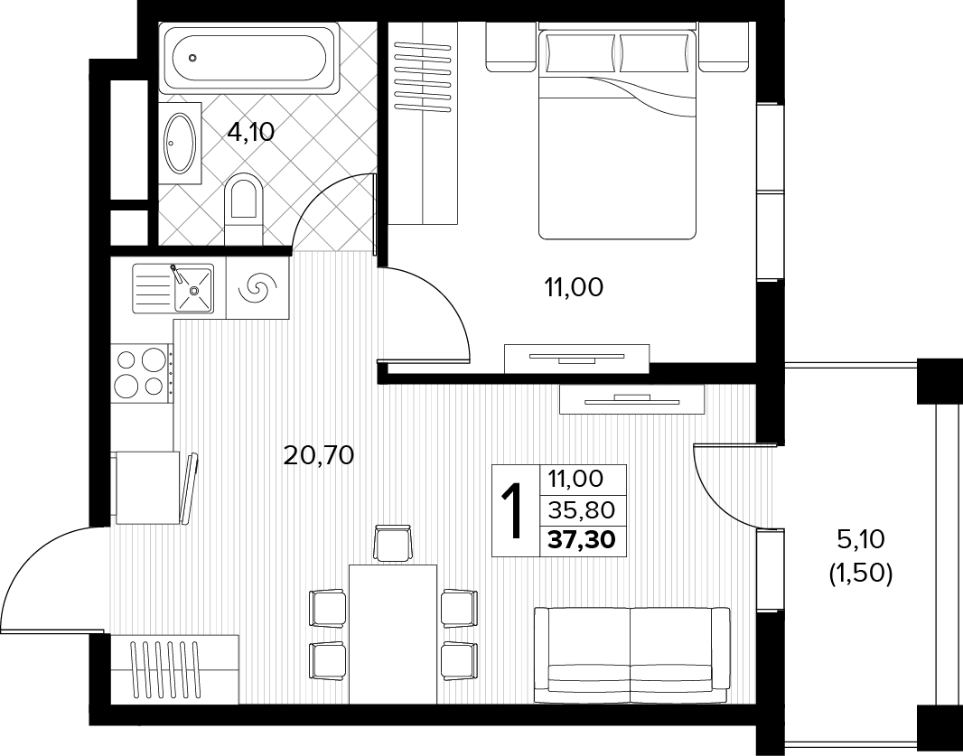 Планировка: 1-комн. квартира 37,3 м²