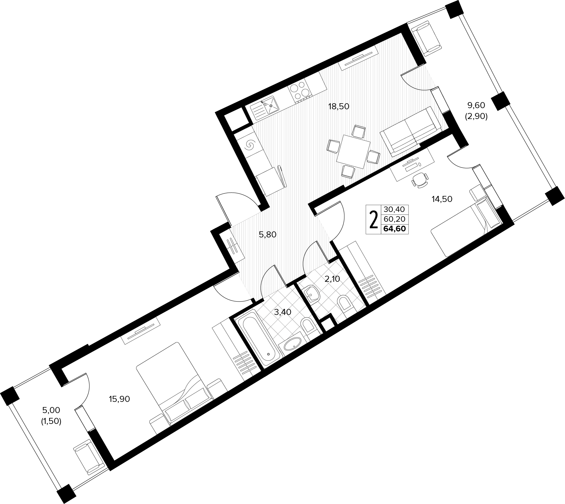 Планировка: 2-комн. квартира 64,6 м²