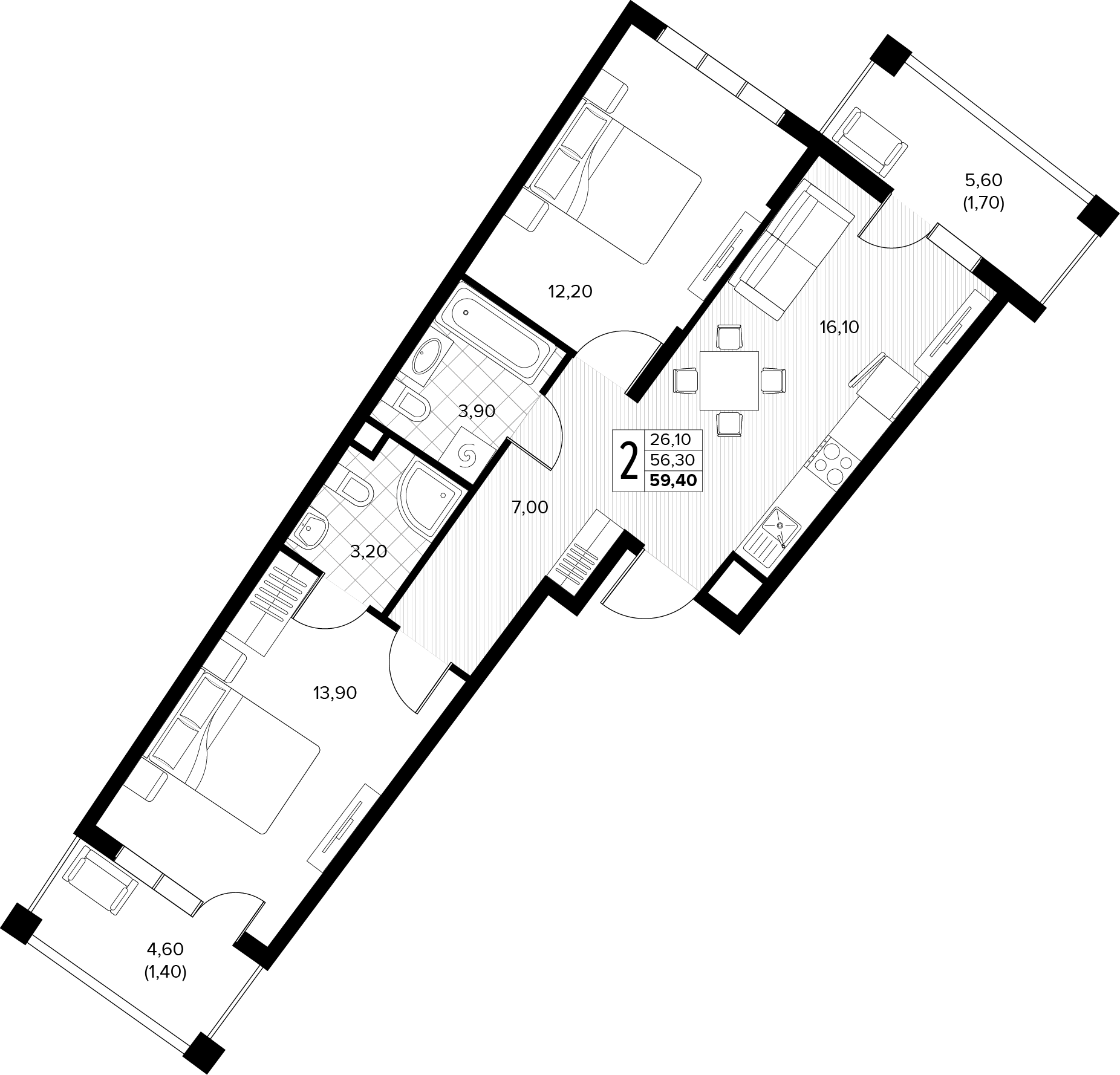 Планировка 2-комнатная 59,4 м²