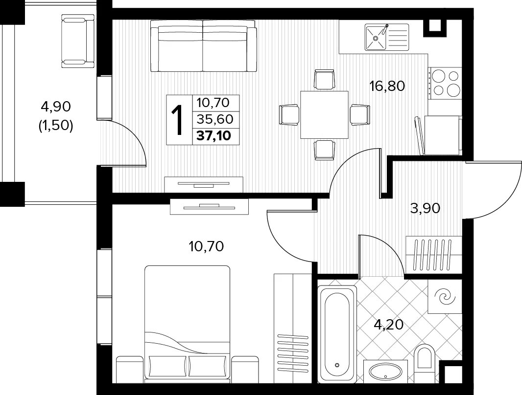 Планировка: 1-комн. квартира 37,1 м²