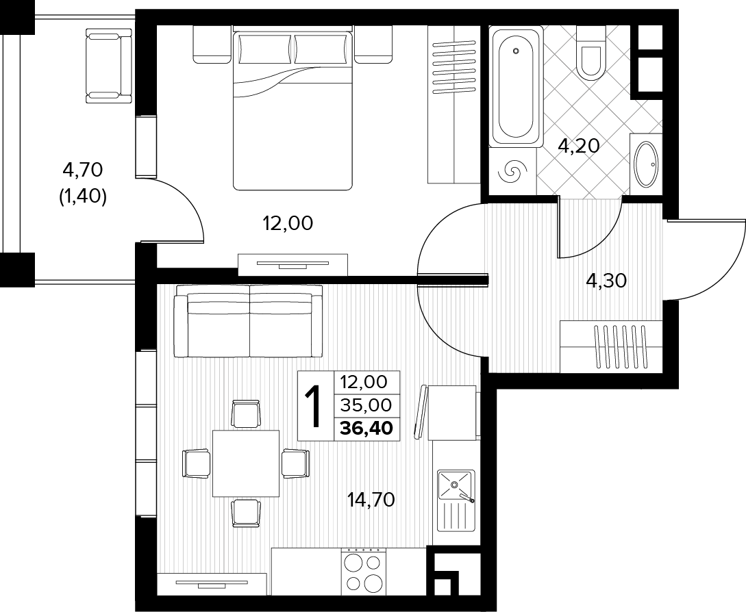 Планировка 1-комнатная 36,4 м²