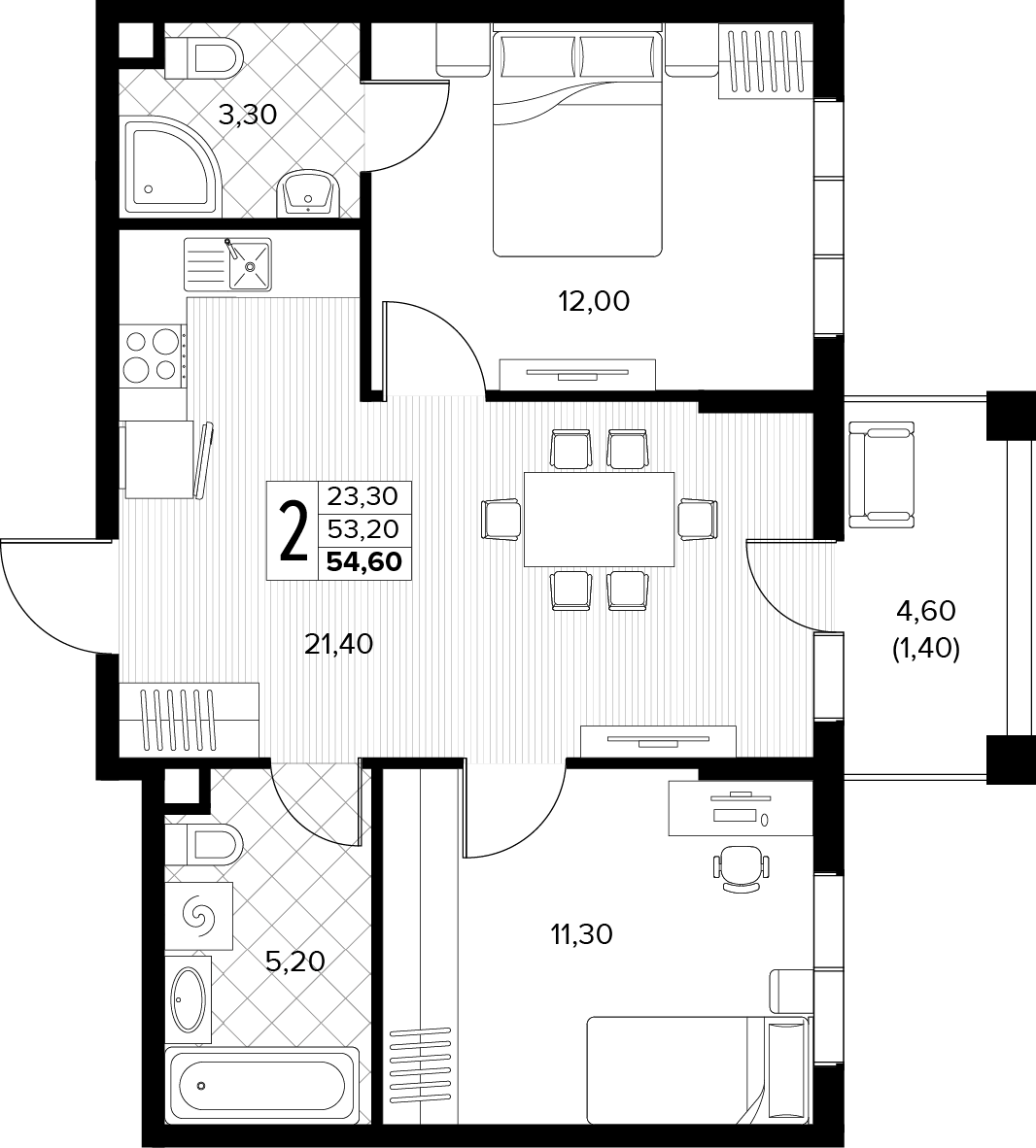 Планировка: 2-комн. квартира 54,6 м²
