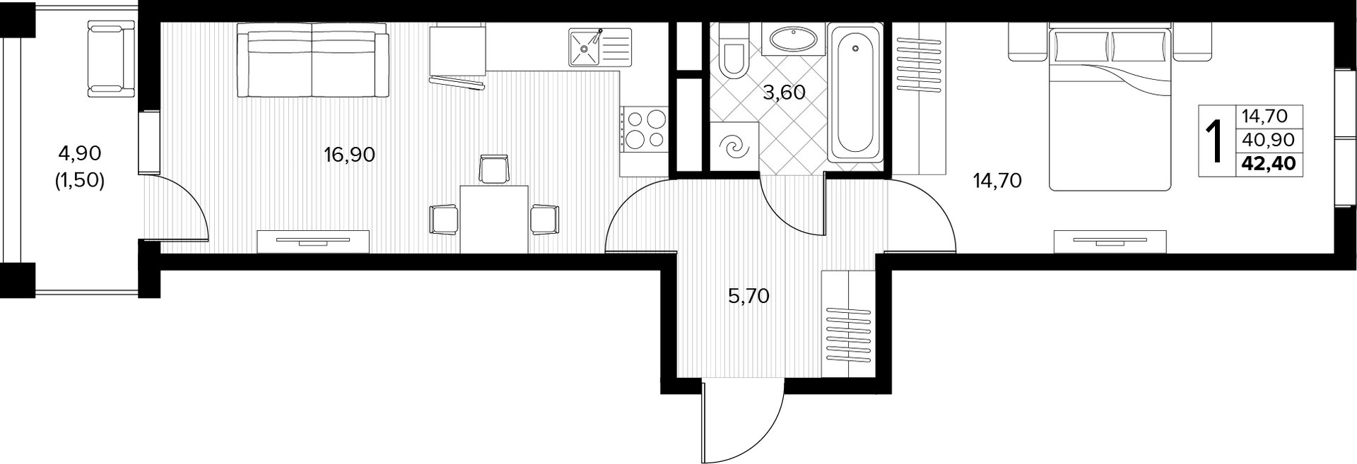 Планировка: 1-комн. квартира 42,4 м²