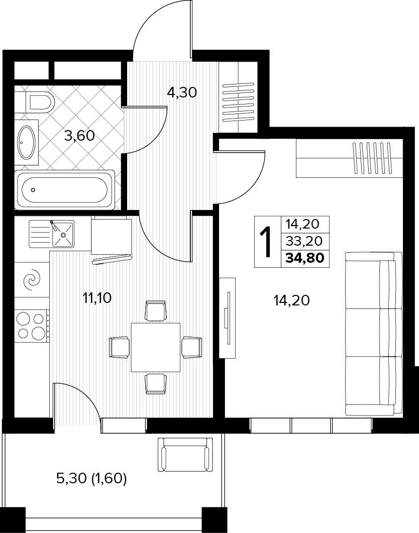 Планировка 1-комнатная 34,8 м²