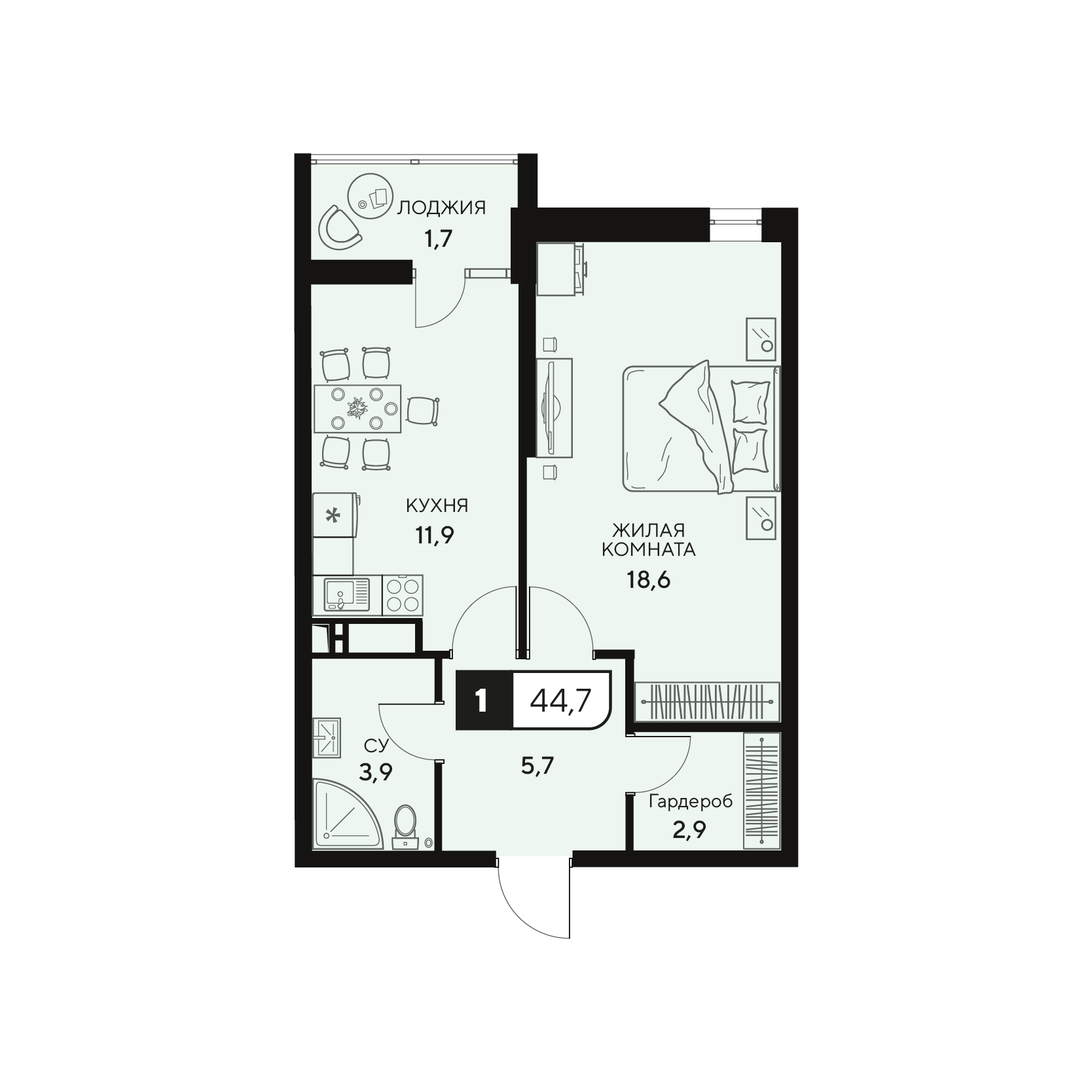 Планировка: 1-комн. квартира 44,7 м²