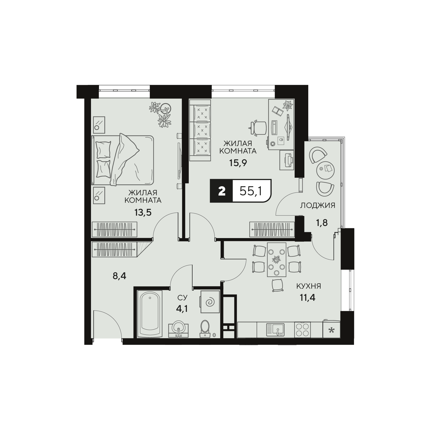 Планировка: 2-комн. квартира 55,5 м²