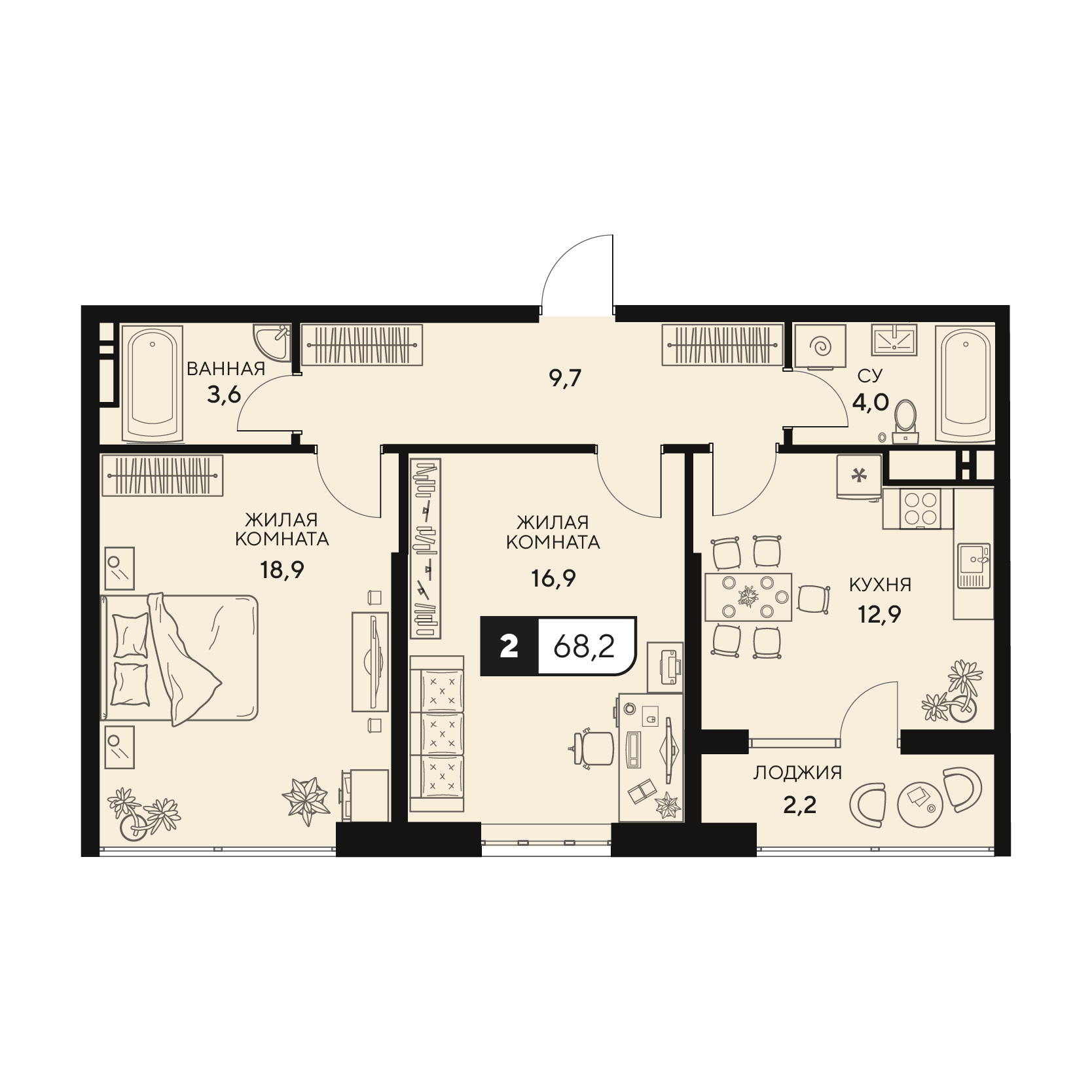Планировка: 2-комн. квартира 68,2 м²