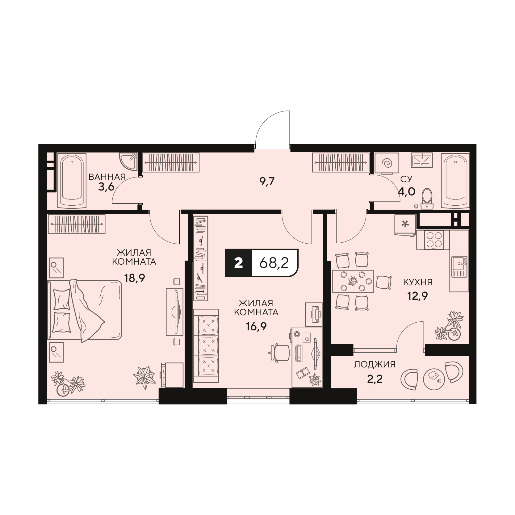 Планировка: 2-комн. квартира 68,2 м²