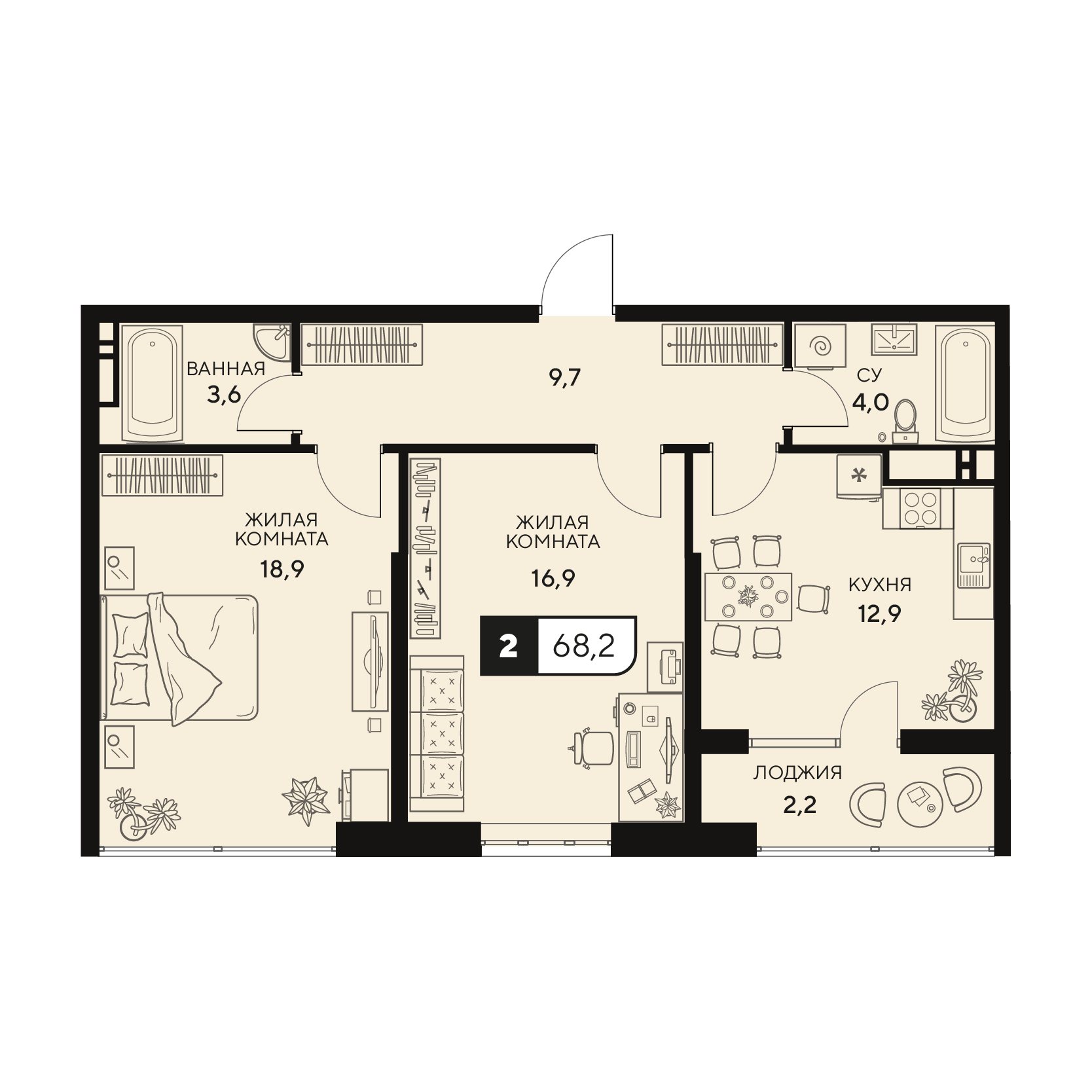 Планировка 2-комнатная 68,2 м²