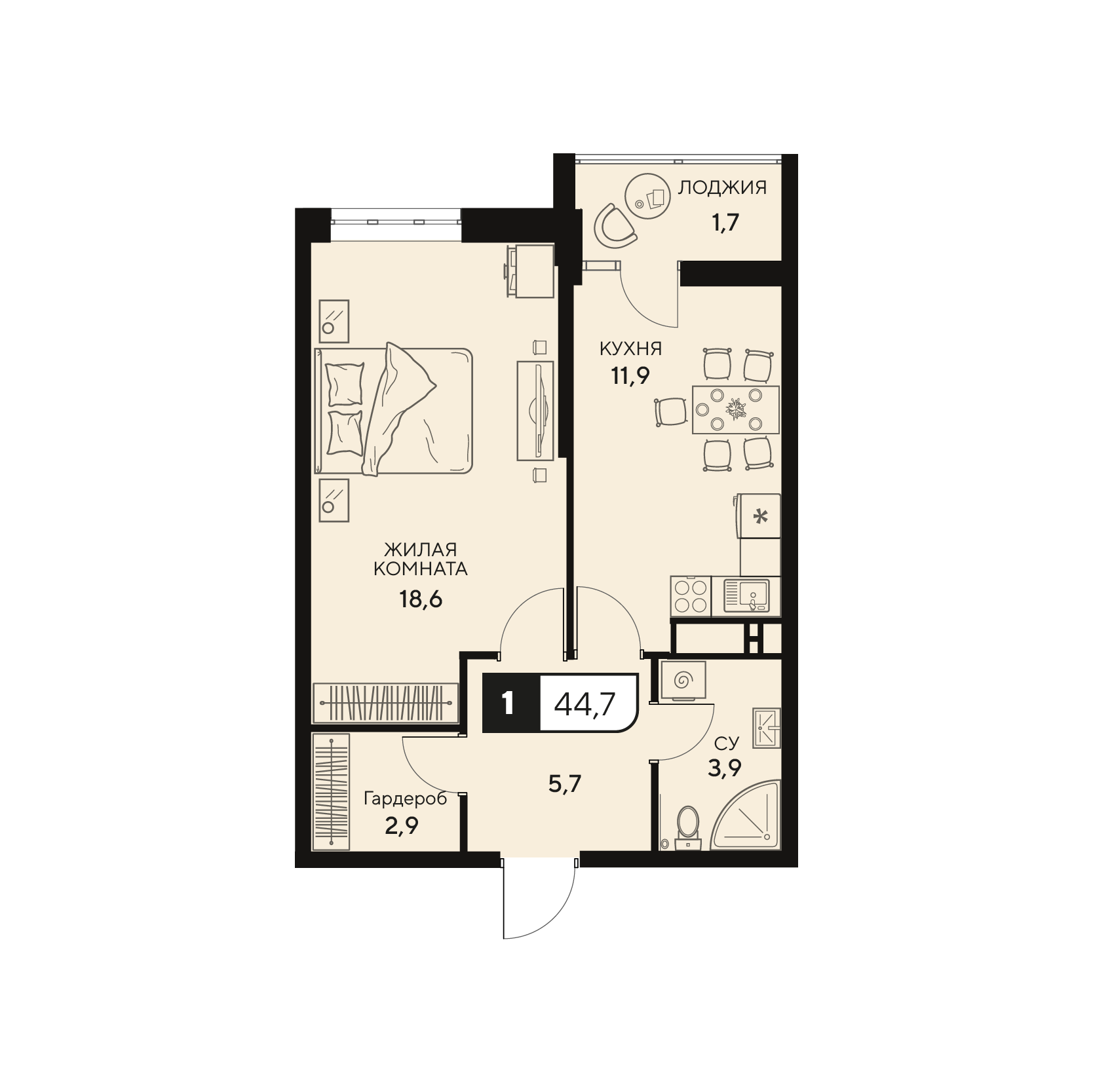 Планировка 1-комнатная 45,05 м²