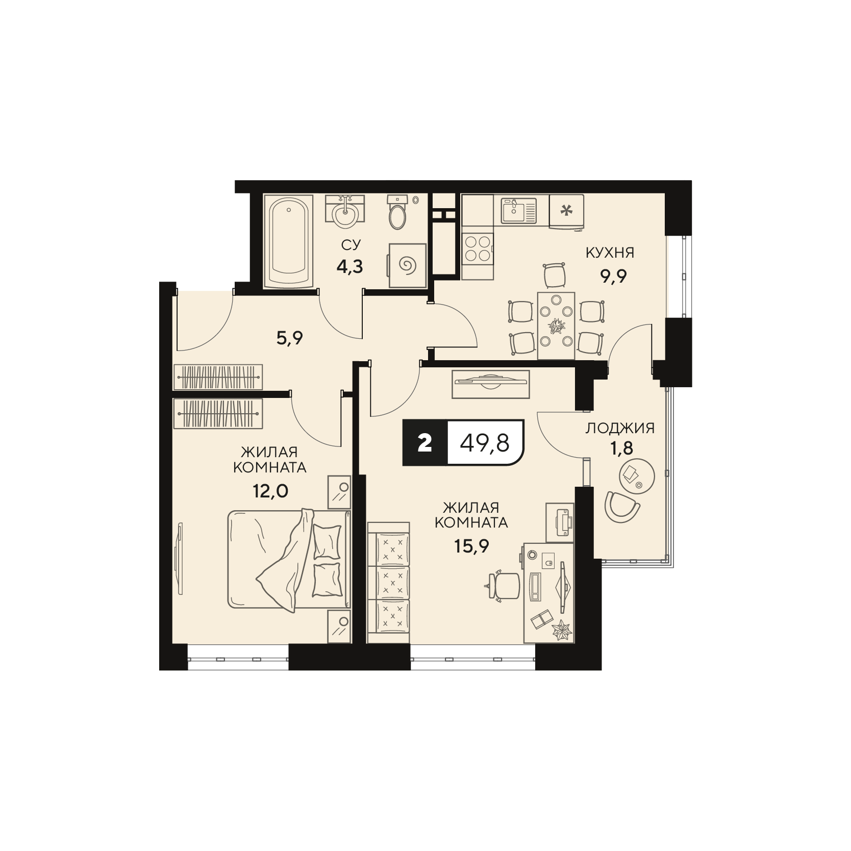 Планировка 2-комнатная 50 м²
