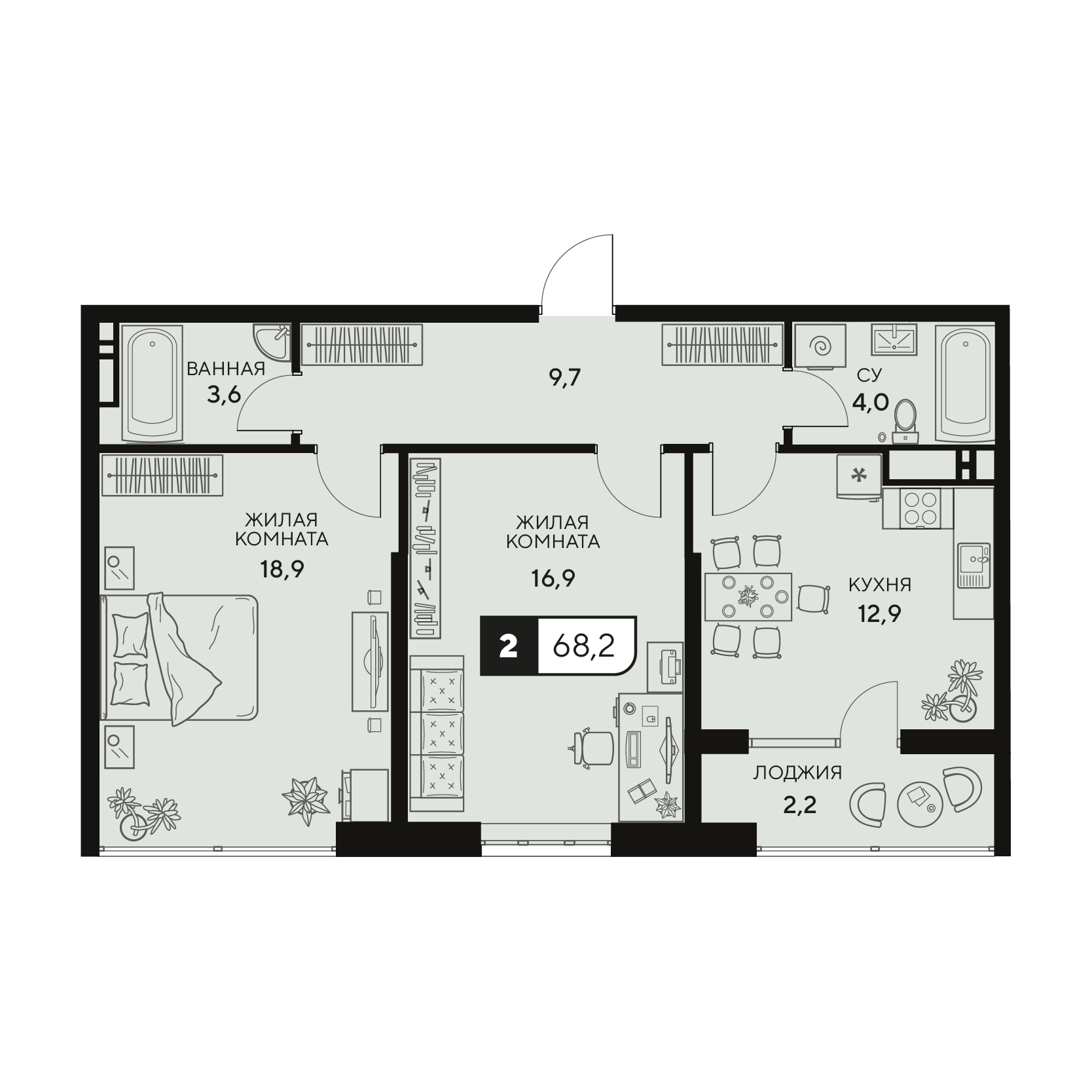 Планировка 2-комнатная 68,2 м²