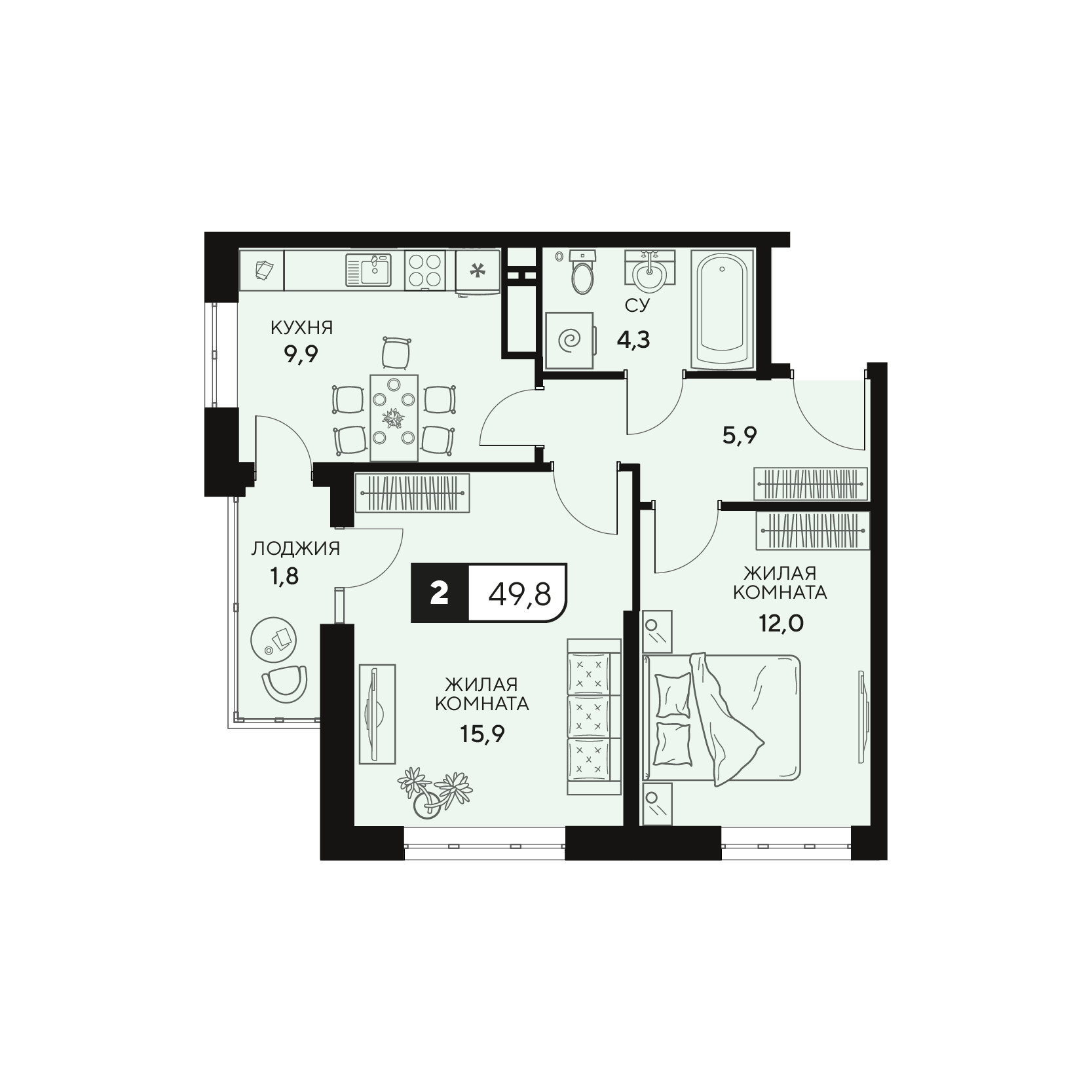 Планировка: 2-комн. квартира 50,2 м²
