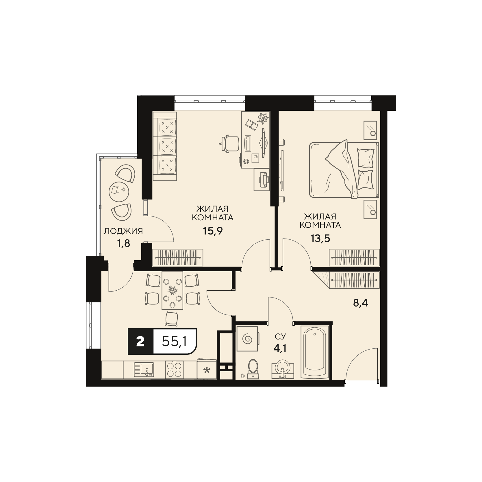 Планировка 2-комнатная 55,1 м²