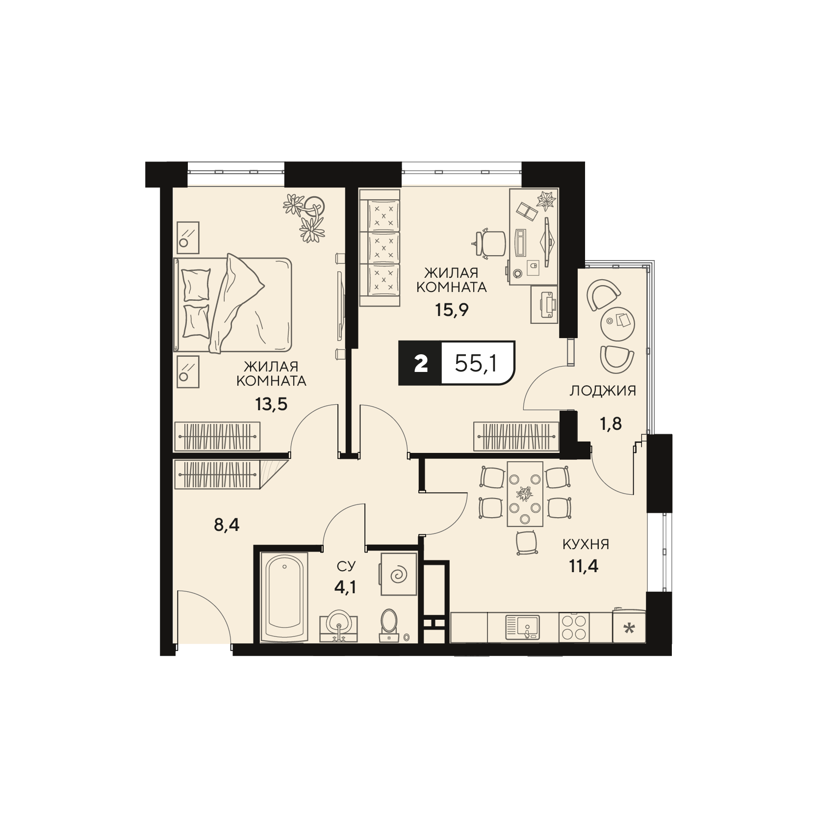 Планировка: 2-комн. квартира 55,1 м²