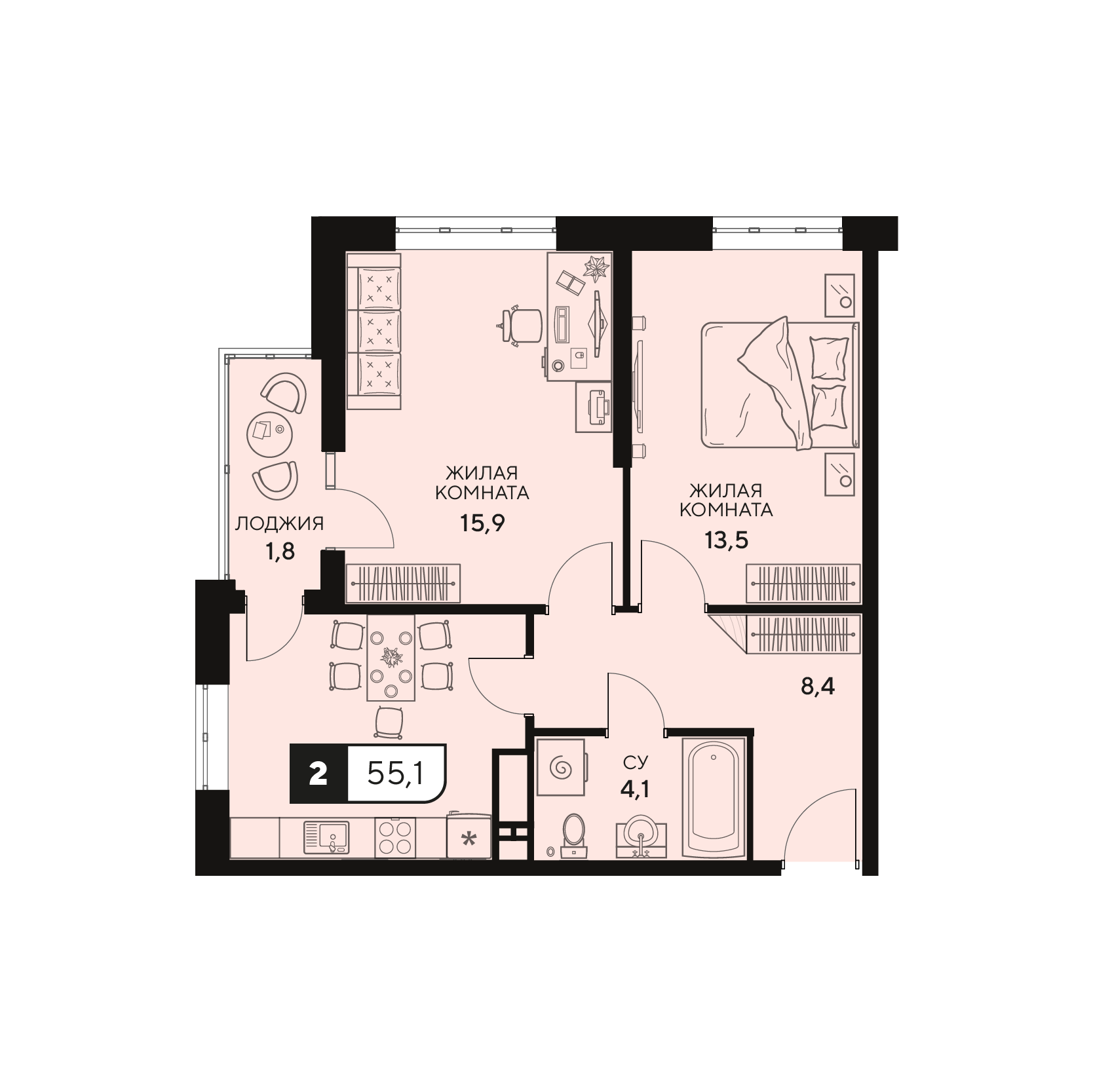 Планировка: 2-комн. квартира 55,7 м²
