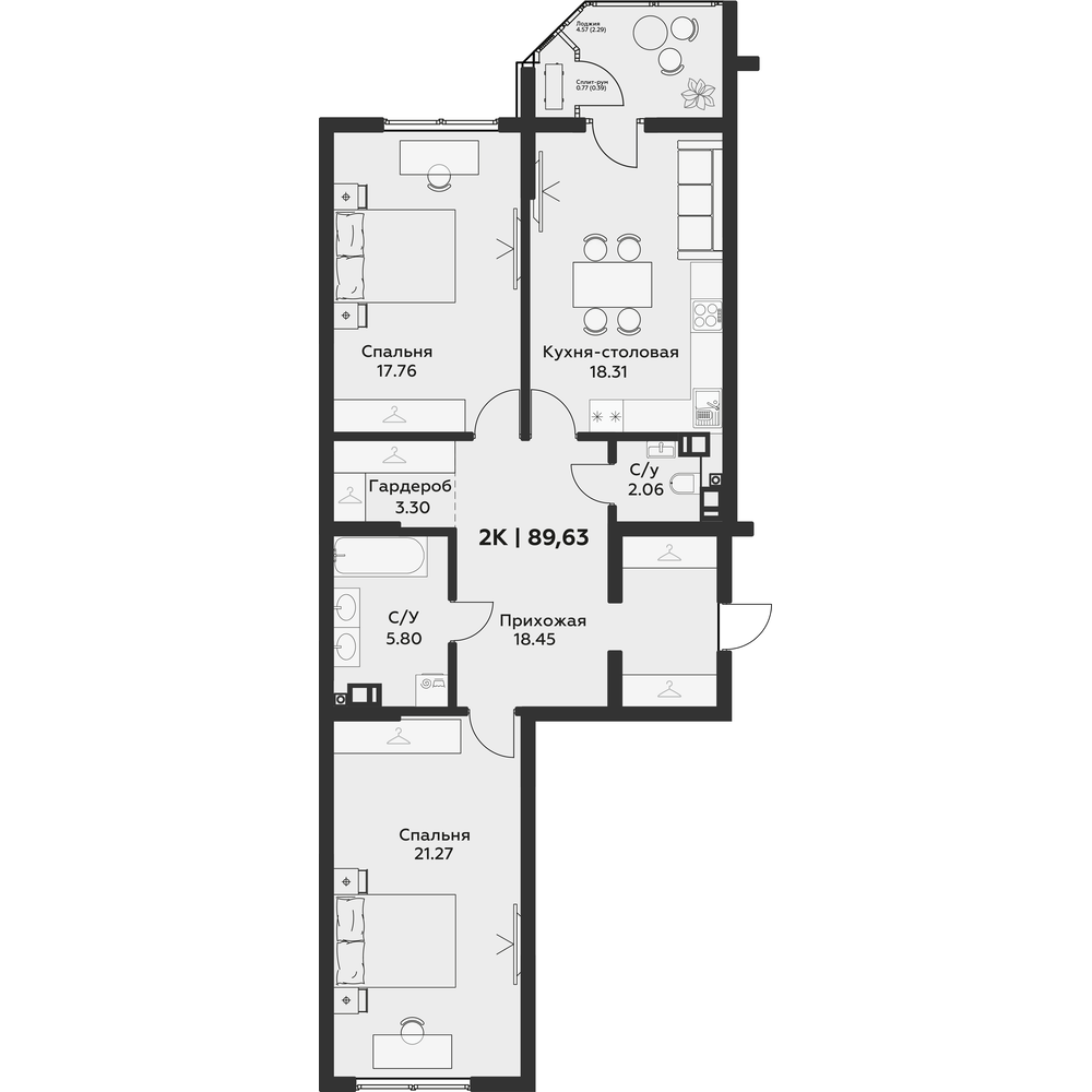 Планировка 2-комнатная 89,63 м²