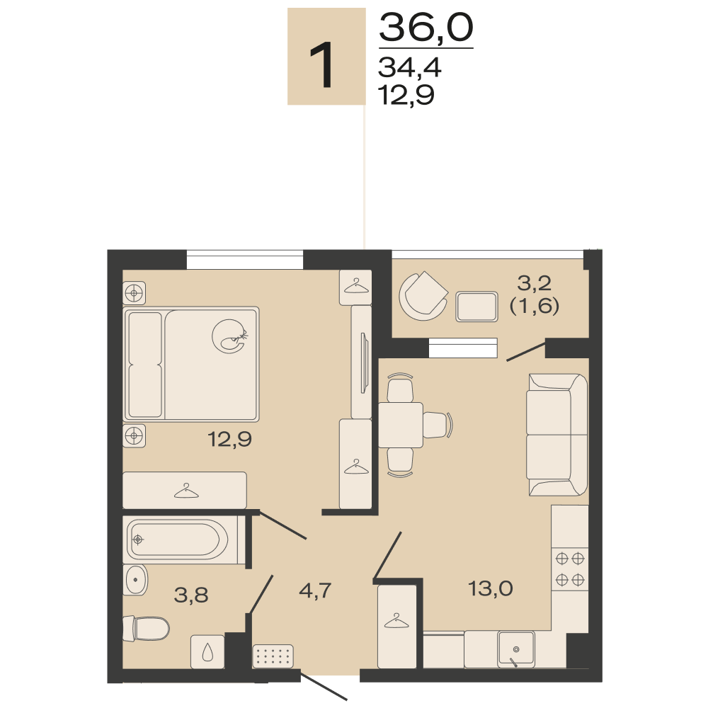 Планировка 1-комнатная 36 м²