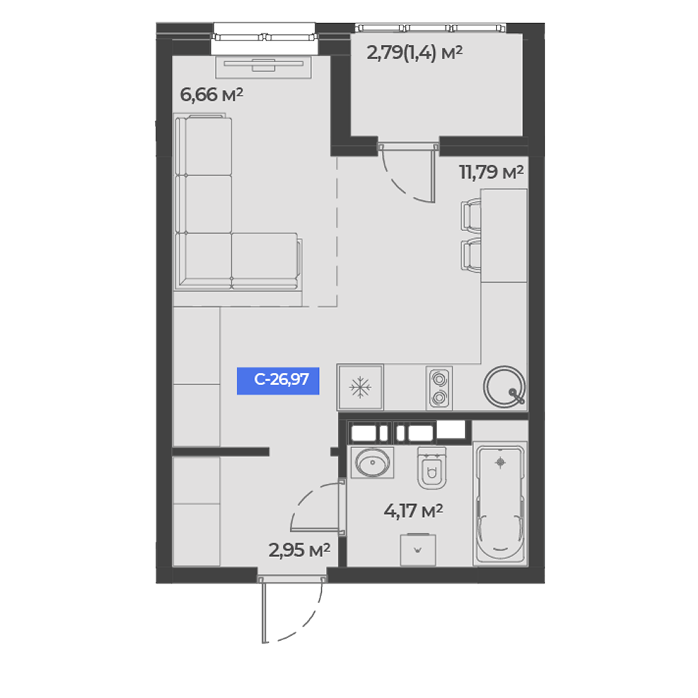 Планировка: Студия 27 м²
