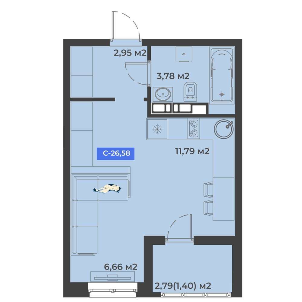 Планировка: Студия 26,6 м²