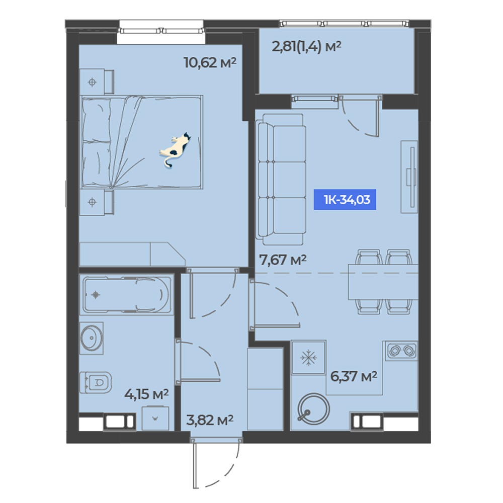 Планировка 1-комнатная 34,03 м²