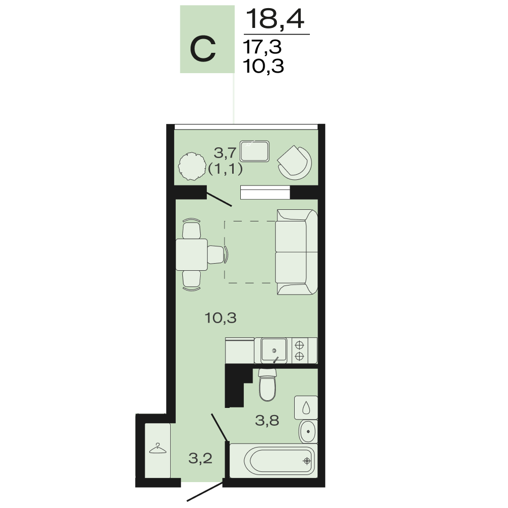 Планировка Студия 18,4 м²