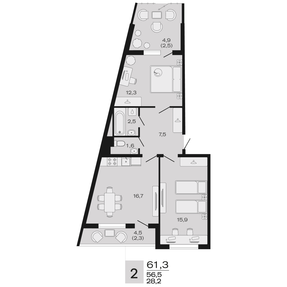 Планировка 2-комнатная 61,3 м²