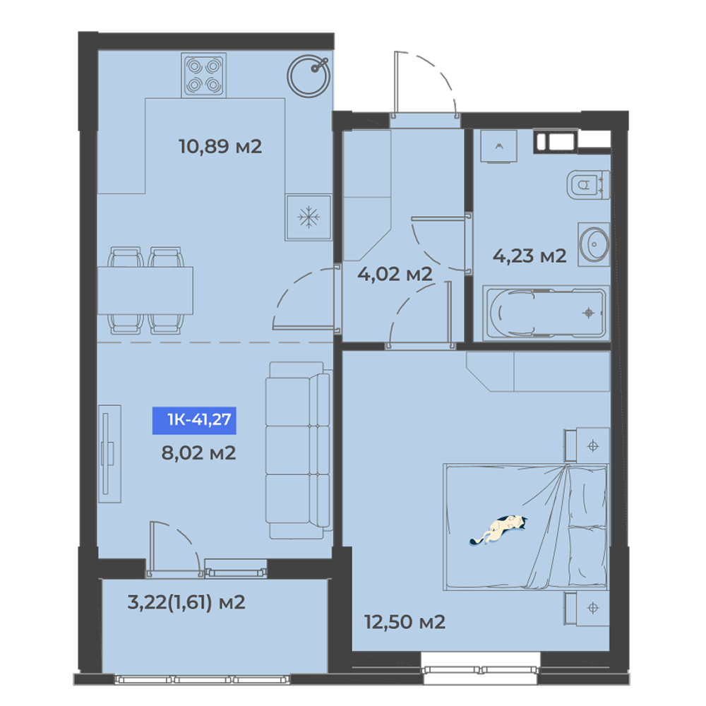 Планировка 1-комнатная 41,27 м²