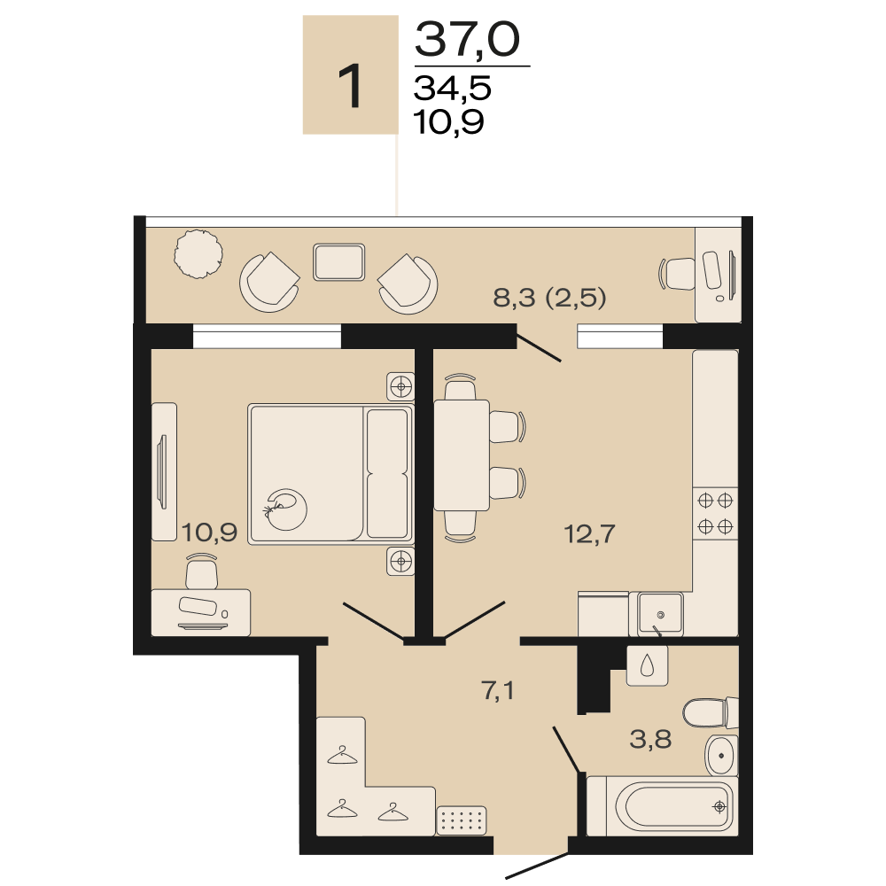 Планировка 1-комнатная 37 м²