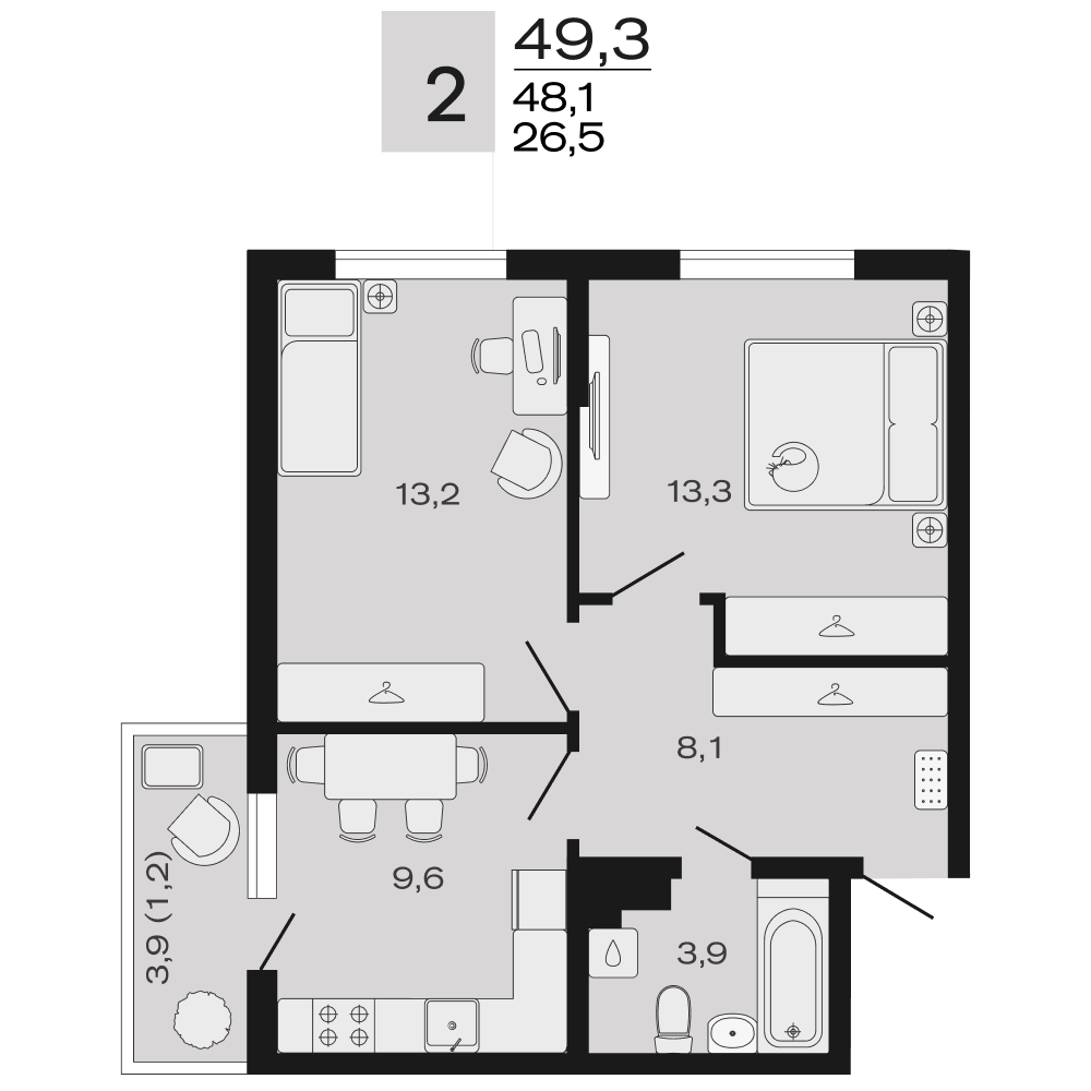 Планировка 2-комнатная 49,3 м²