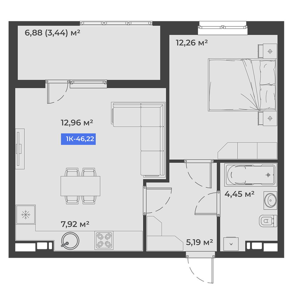 Планировка: 1-комн. квартира 46,2 м²
