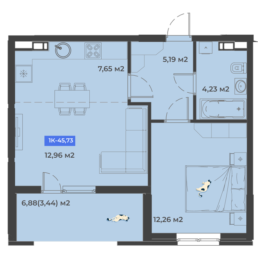 Планировка 1-комнатная 45,73 м²