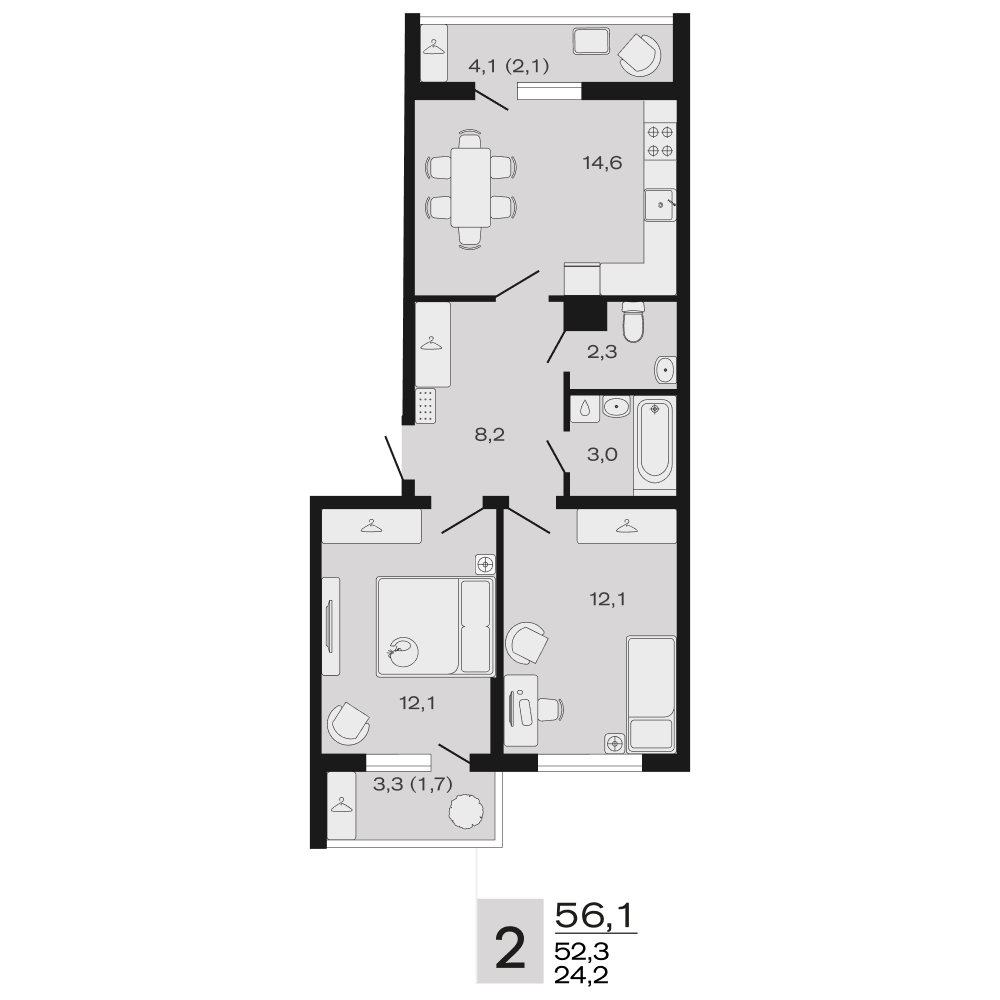 Планировка 2-комнатная 56,1 м²